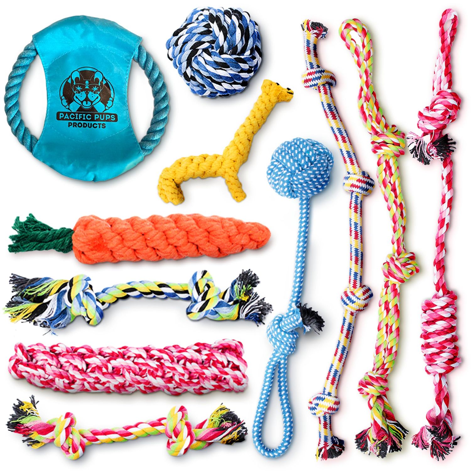 Pacific Pups Products Dog Rope Toys - Dog Rope Dog Toys for Aggressive Chewers, 11 Heavy Duty Dog Ropes for Aggressive Chewers, Cotton Rope Dog Toys Pack, Benefits Non-Profit Dog Rescue Dog Tug Ropes