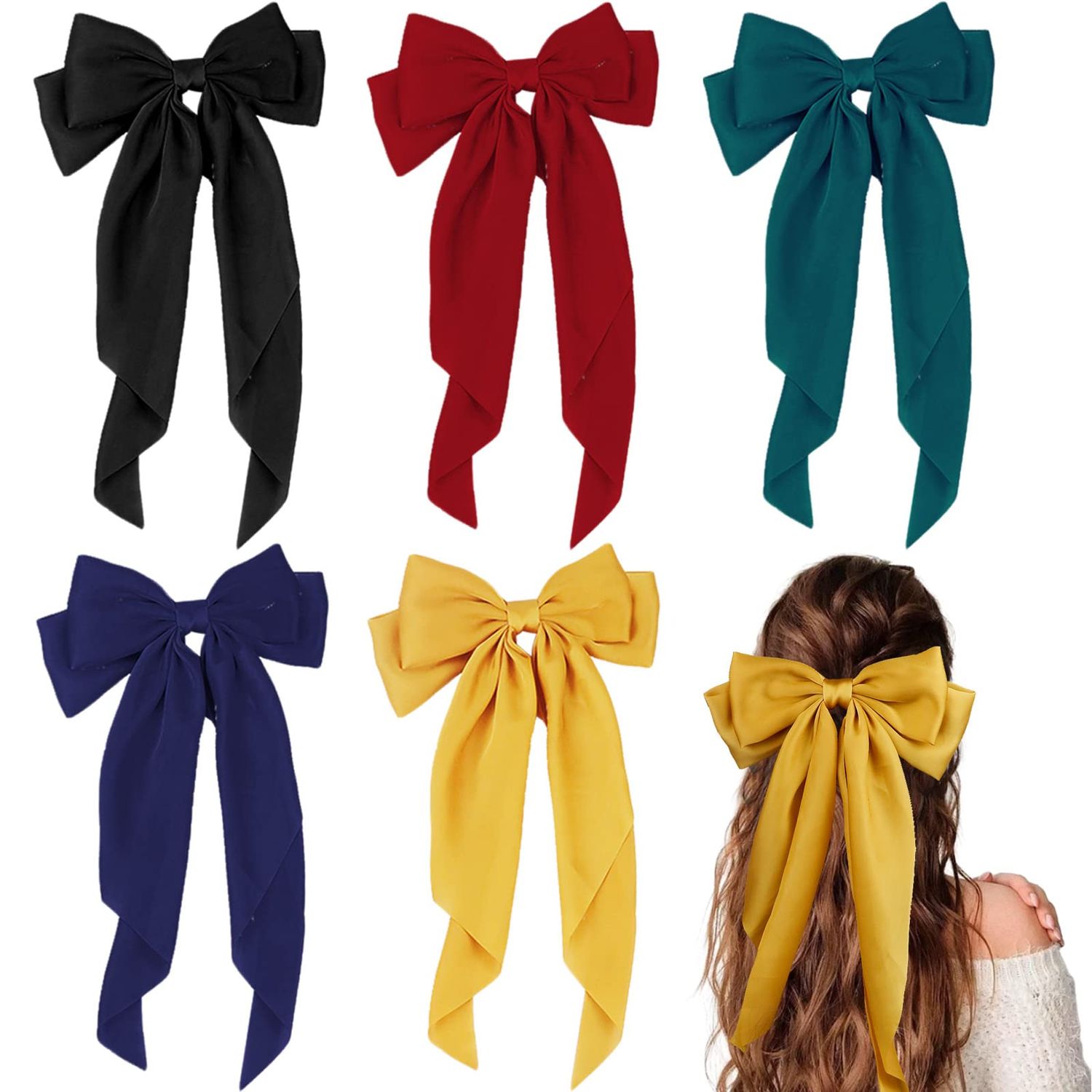 Large Satin Layered Hair Bows Hair Barrettes Clip Long Ribbon Bows Silky Bowknot with long Tail French Style Hair Accessories for Women Girls, 5 Colors