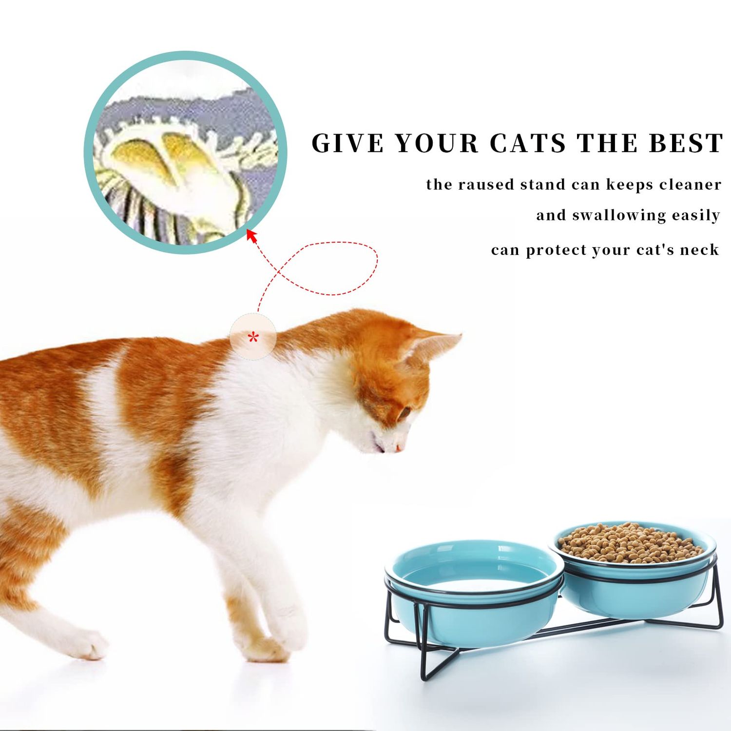 GDCZ Ceramics Raised Cat Small Dog Bowls with Heighten Metal Stand for Pet Food 15 Ounces, Turquoise