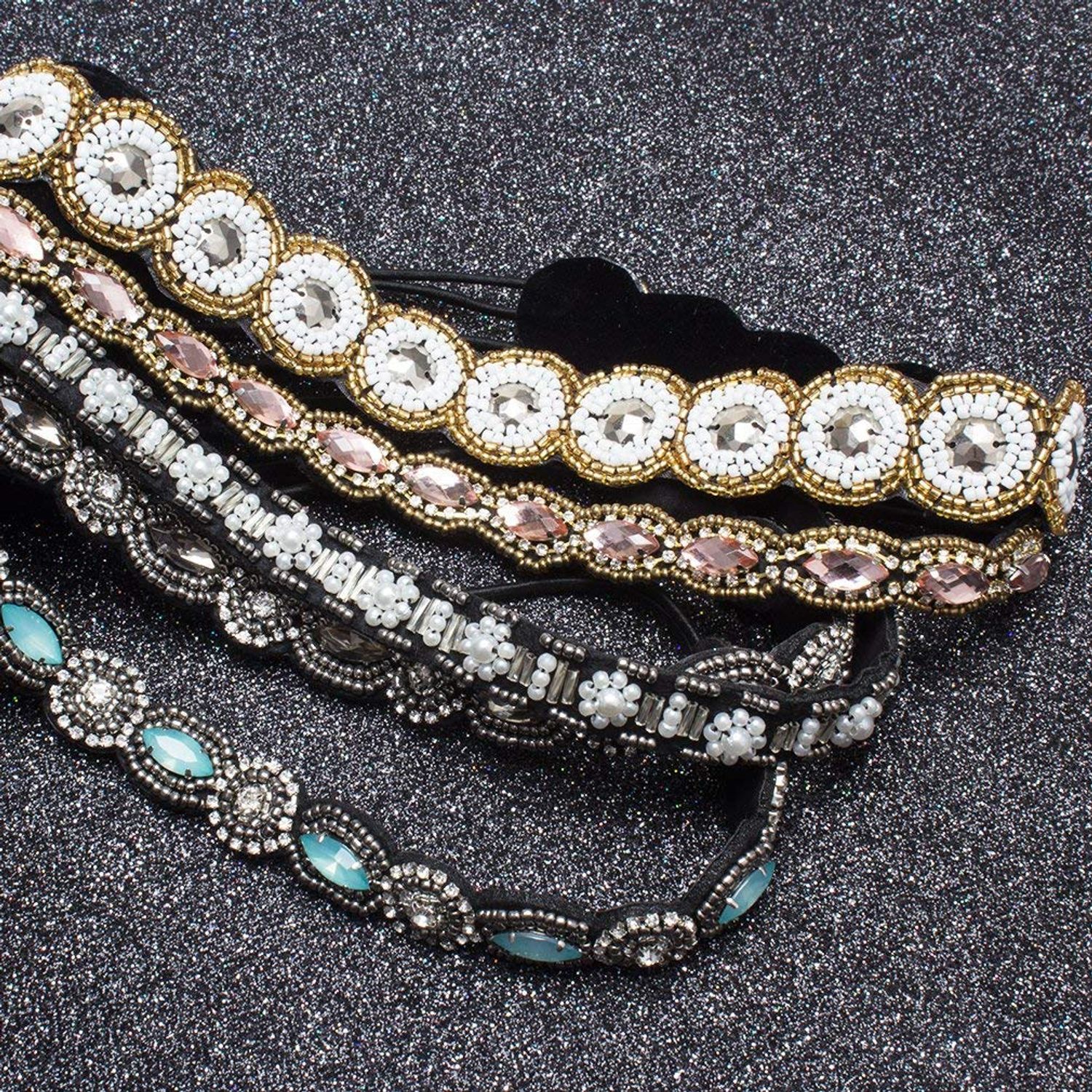 Rhinestone Beaded Elastic Headband - 5 Pcs Fashionable Style Crystal Beaded Hair Ties, Handmade Jewely Headband for Women Girls Lady