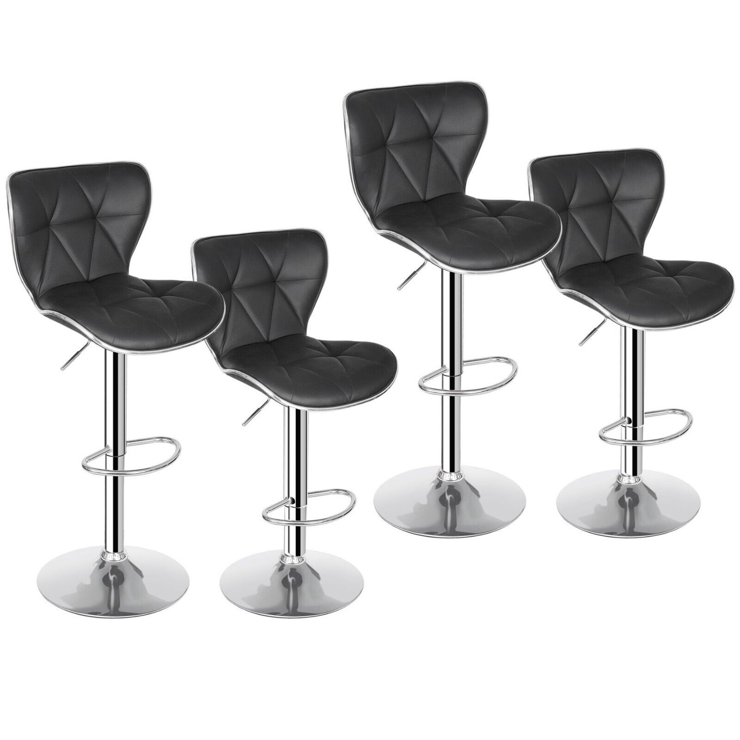 Set of 4 Black Bar Stools w/Shell Back PU Leather Back Adjustable Swivel Stools