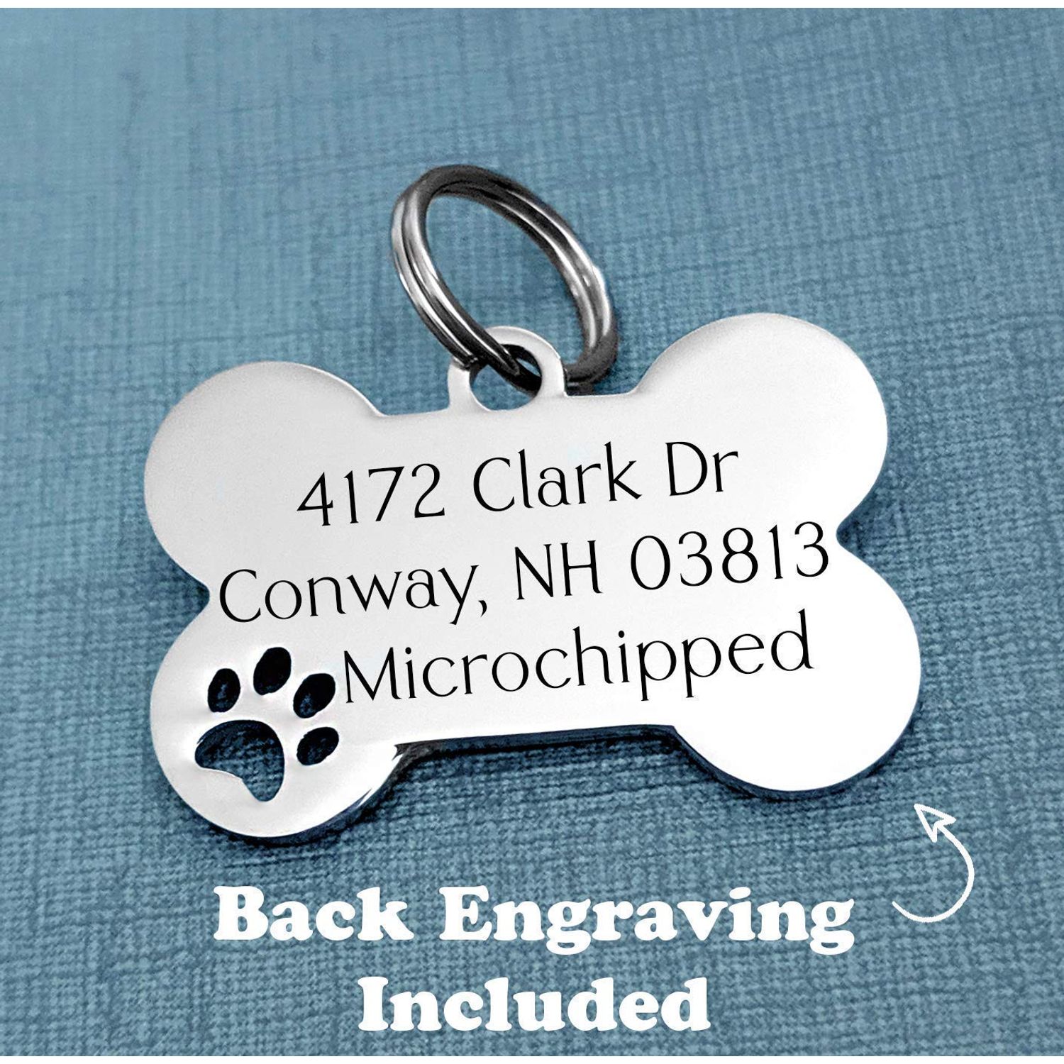 Pet ID Tags, Personalized Engraved Stainless Steel Pet Tag, Bone Shape, 3 Fonts, Paw Cutout, Cat Tag Dog Tag, Back Engraved INCLUDED