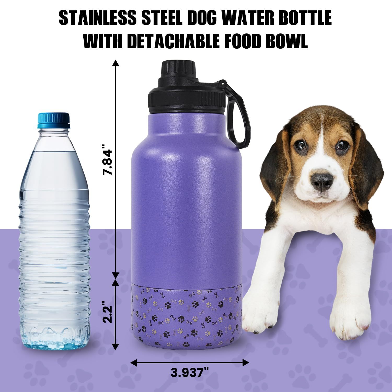 AGH Dog Water Bottle, 32oz Portable Dog Water Bottle with Detachable Bowl Food Feeding, Double Wall Vacuum Flask Stainless Steel Dog Travel Water Bottle for Walking and Hiking, Purple