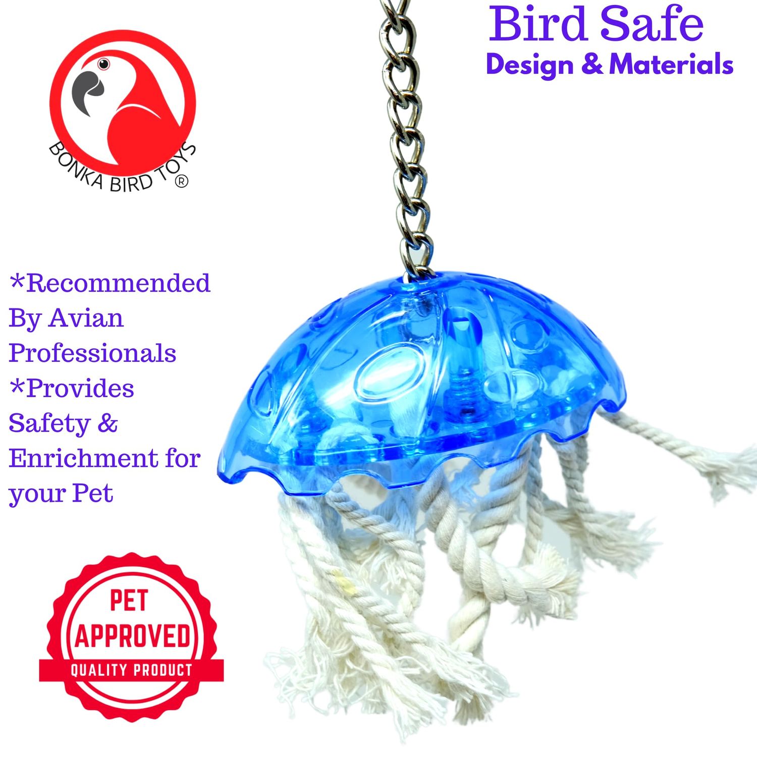 Bonka Bird Toys 0042 Small Jellyfish, Bulletproof Pull Tug Cage Toy, (10" x4") Conure, Pionus, Quaker, and Similar Sized Birds