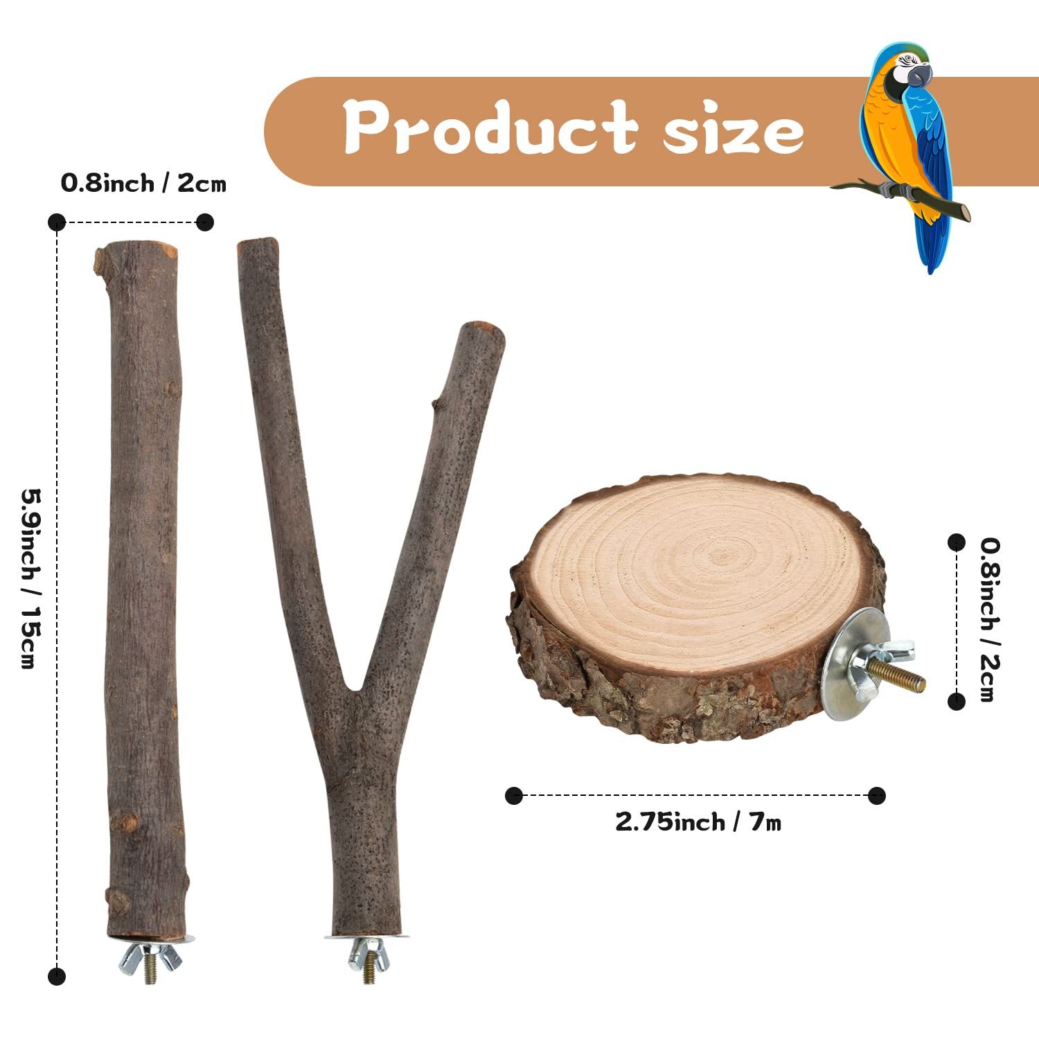 9 PCS Bird Perches Stand Toy, Natural Wood Parrot Perch Stand Bird Cage Branches Platform Accessories for Parakeets Cockatiels Conures Macaws Finches Love Birds