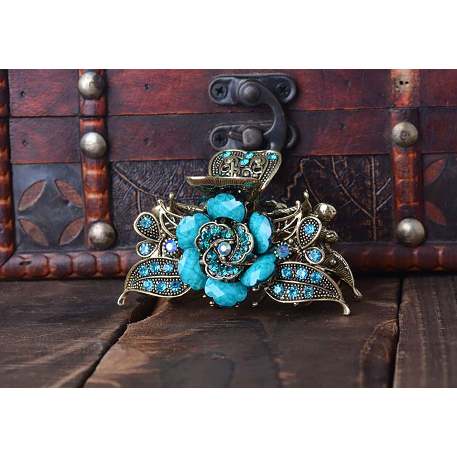 Fodattm Women Lady Retro Rose Flower Imitation Turquoise Hair Claw Clip Vintage Alloy Rhinestone Non-Slip Hair Jaw Clips Hairpin Hair Clamp (Blue)