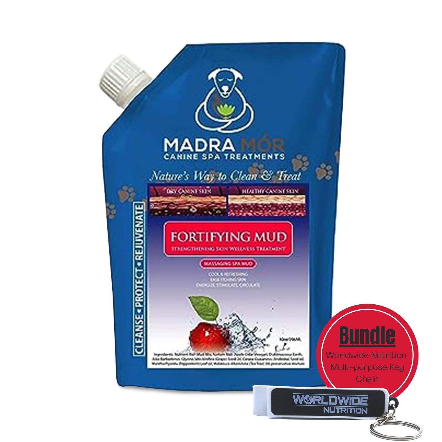 Worldwide Nutrition Bundle: Madra Mor Fortifying Mud - Dog Essentials Mud Bath, Dog Grooming, Dry Skin for Dogs Treatment, Dog Coat Skin Care Products - 10oz Pouch & Multi-Purpose Key Chain