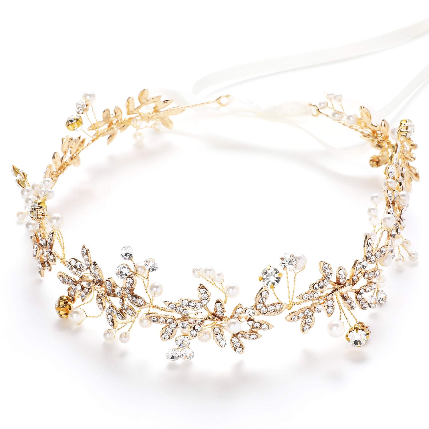 BABEYOND Bridal Headpiece Handmade Wedding Hair Vine Bead Crystal Floral Leaf Headband with Lace Ribbon