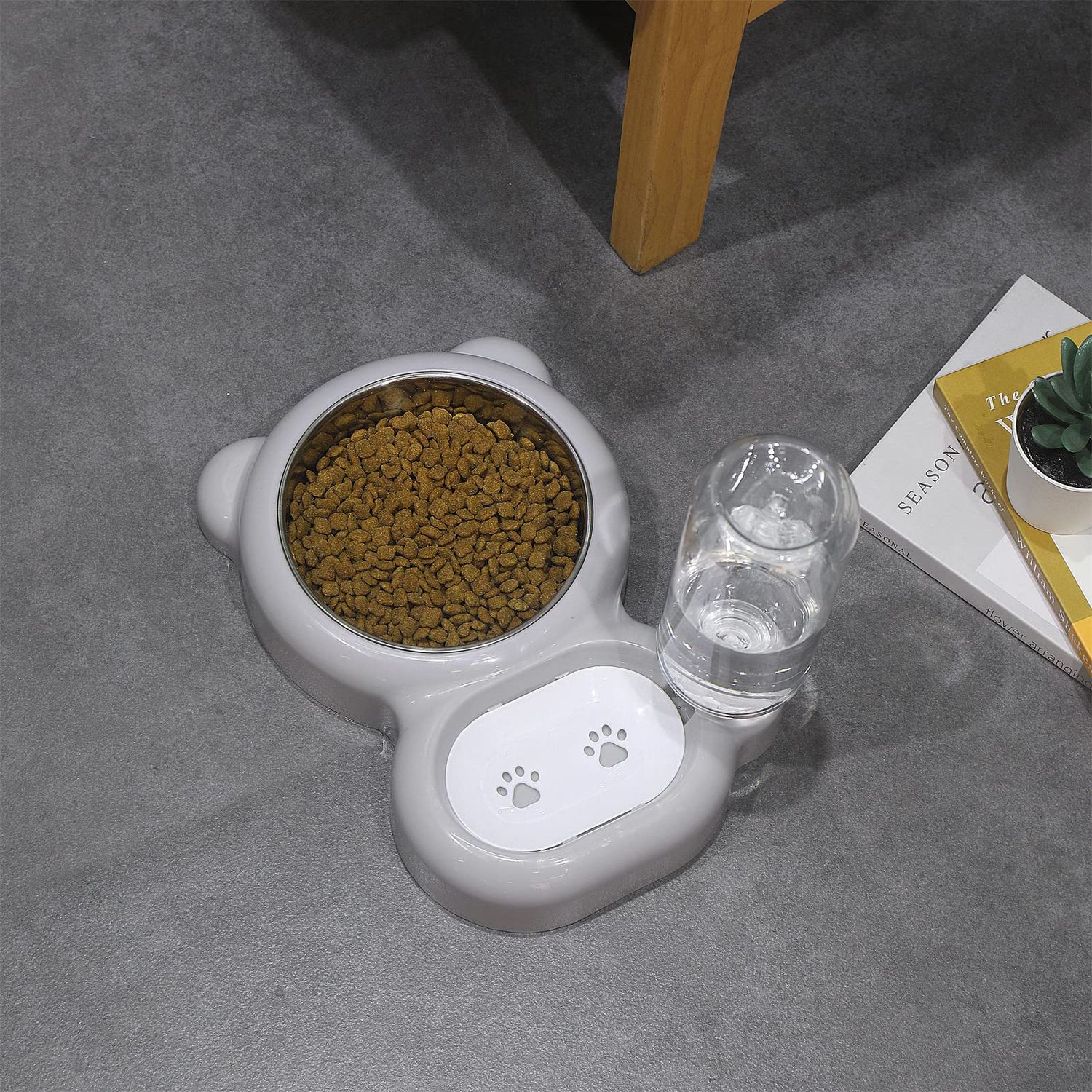 Dog Bowls, Cat Food and Water Bowl Set with Water Dispenser and Stainless Steel Bowl for Cats and Small Dogs - Grey