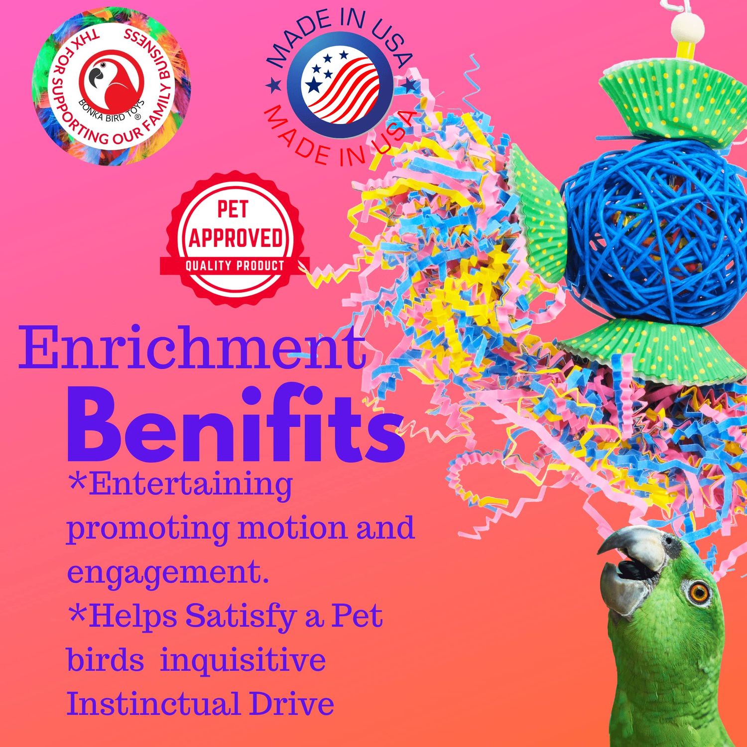 Bonka Bird Toys 3488 Cake Party Parrot Preening Foraging Plucker Natural Toy cage Cages Shredder Cockatiel Conure African Grey parakeet Made in the USA