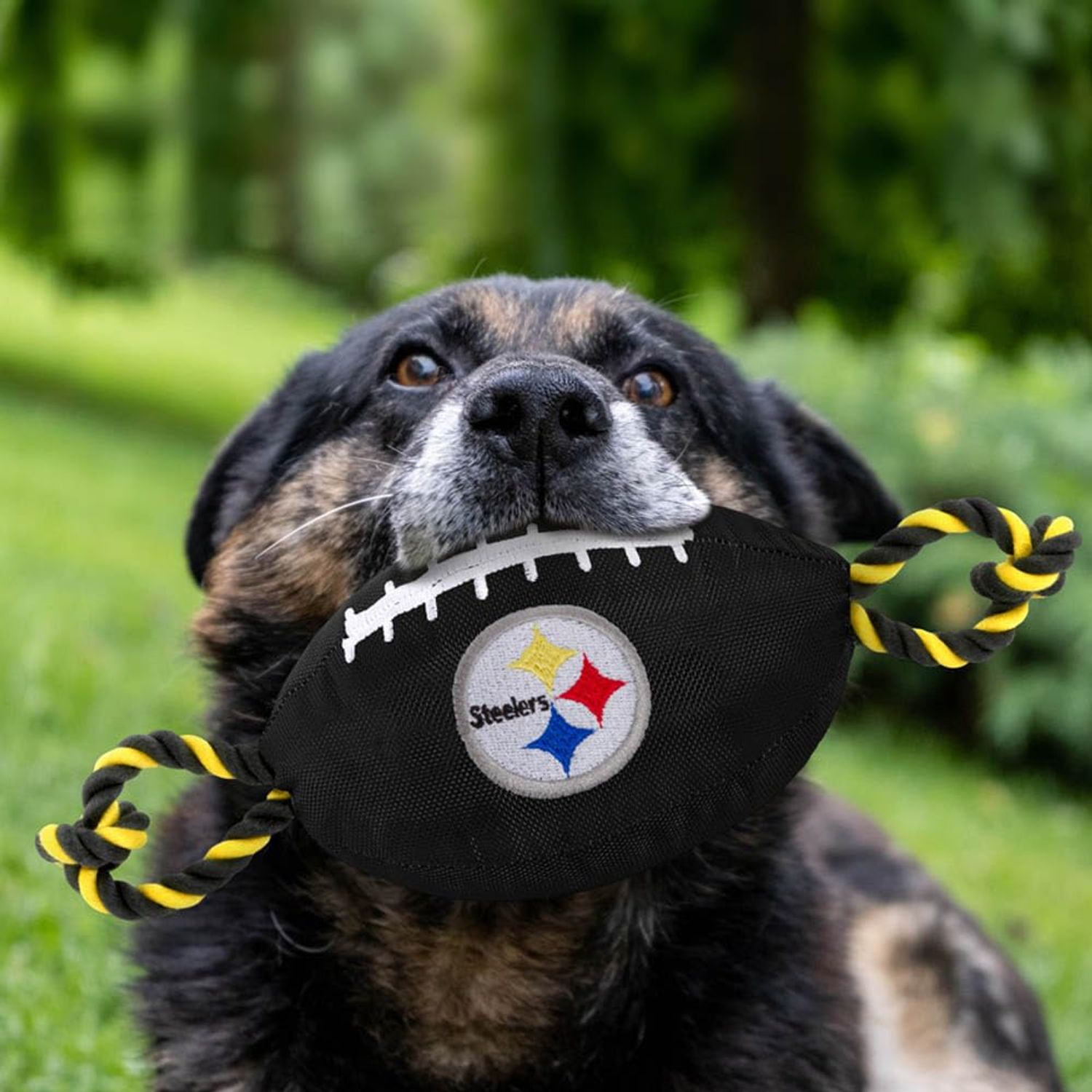 Pets First NFL Pittsburgh Steelers Football Dog Toy, Tough Quality Nylon Materials, Strong Pull Ropes, Inner Squeaker, NFL Team Color
