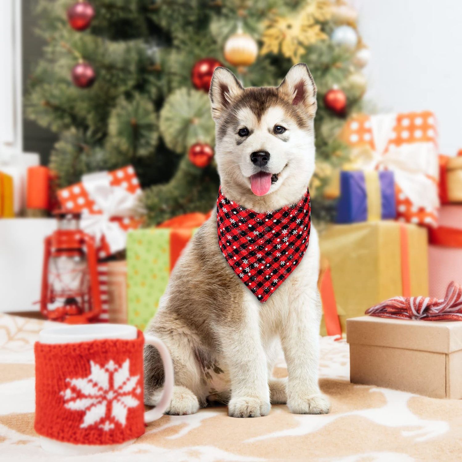 Malier 2 Pack Dog Bandana Christmas Classic Plaid Snowflake Pet Scarf Triangle Bibs Kerchief Set Pet Costume Accessories Decoration for Small Medium Large Dogs Cats Pets (Large, Green + Red)