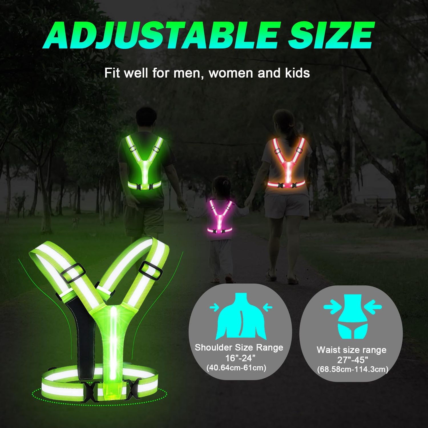 Simket Led Light Up Running Vest Reflective Vest for Walking at Night, High Visibility Night Running Gear Rechargeable Adjustable Running Lights for Runners Walkers Men Women