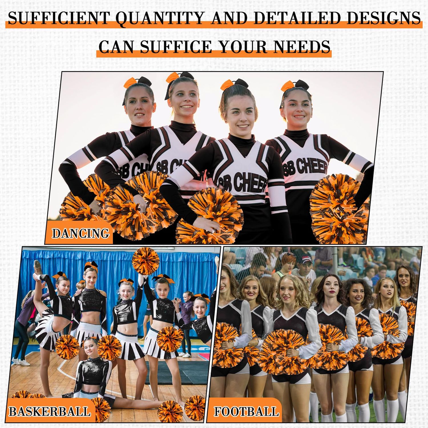 Cheerleading Pom Poms and Large Cheerleader Hair Bow for Girl, 12 Inch Large Metallic Cheer Cheerleader Pom Poms for Sports Team Spirit Cheering (Orange Black Mixed)
