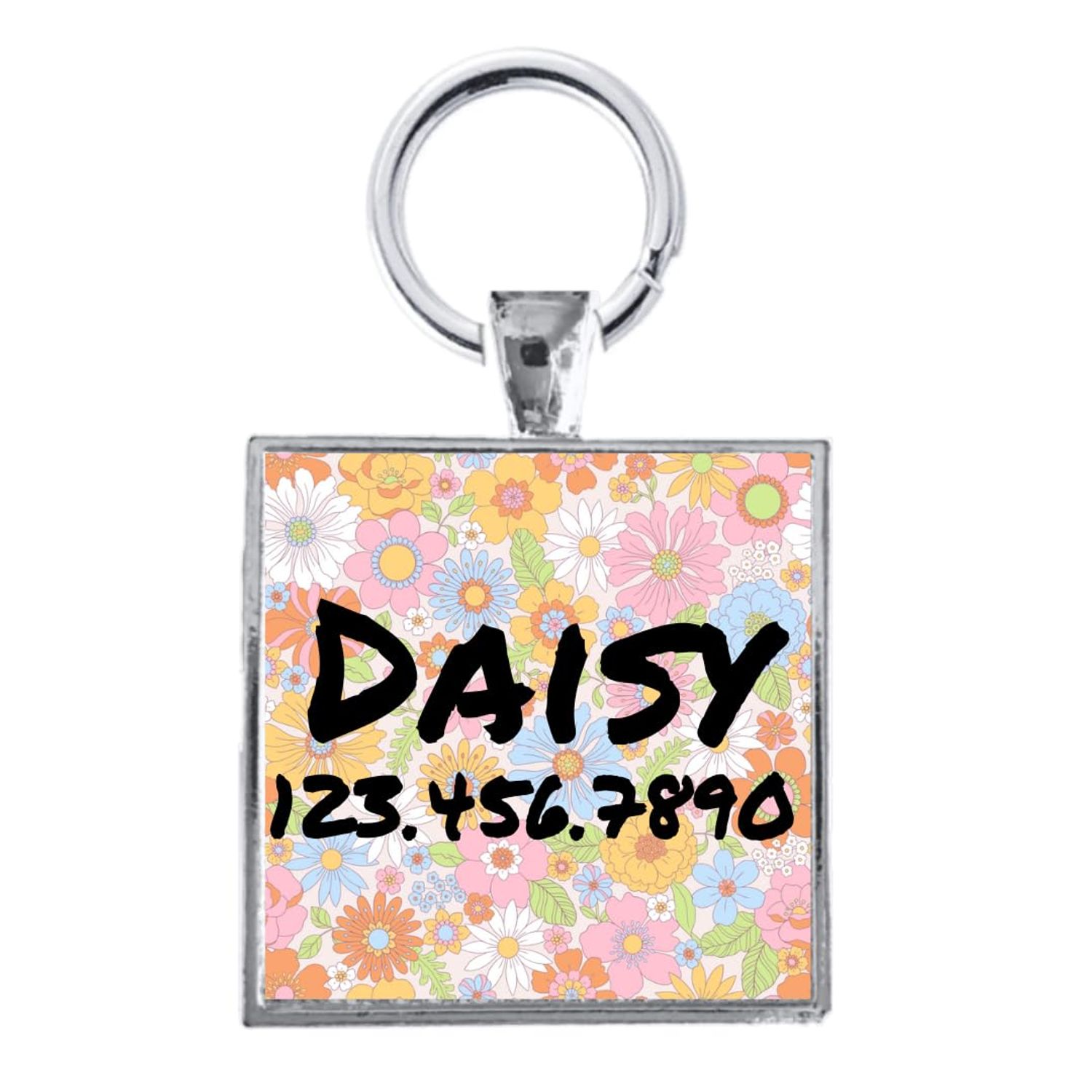 Flower Power Personalized Square Pet ID Tag for Dogs and Cats