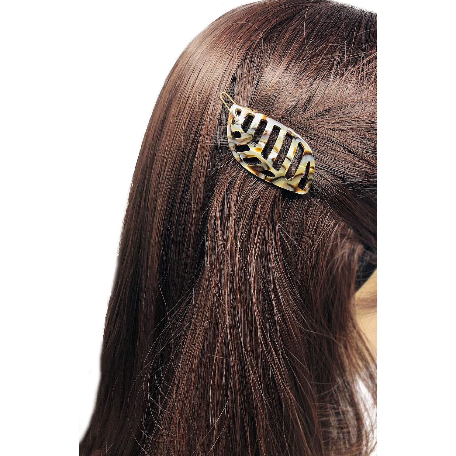 French Amie Leaf Handmade Small Onyx Silver Gray Celluloid Acetate Side Slide Barrette with Snap on Hair Pin Clip (Onyx Silver Grey)