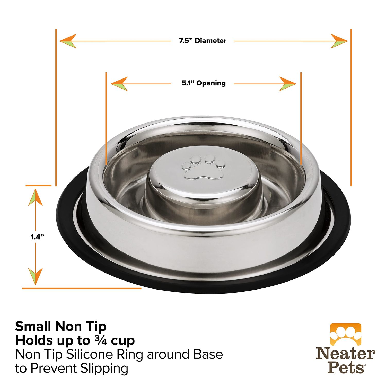 Neater Pet Brands Stainless Steel Slow Feed Bowl - Non-Tip & Non-Skid - Stops Dog Food Gulping, Bloat, Indigestion, and Rapid Eating (3/4 Cup)