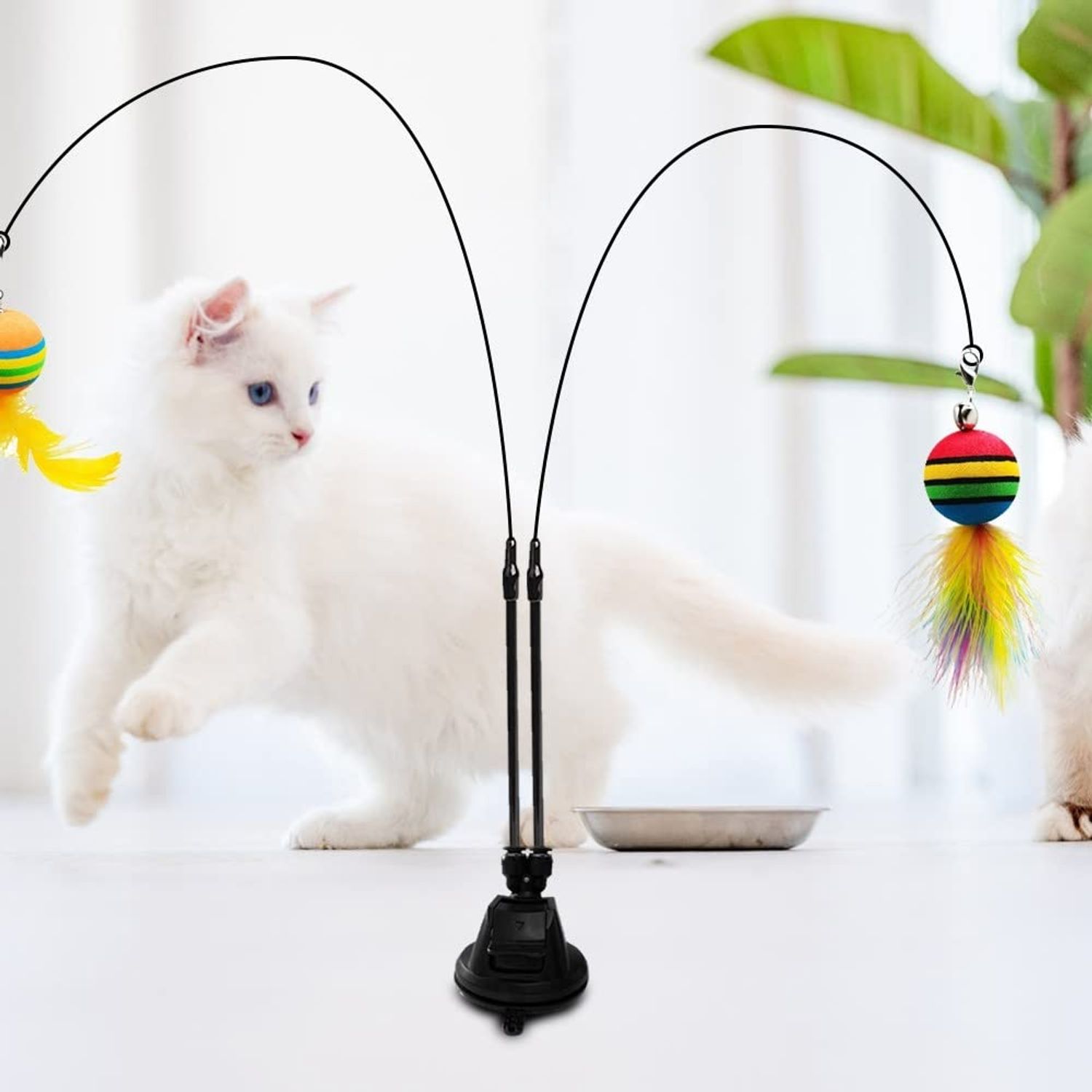 MiOYOOW Cat Feather Toy, Interactive Cat Teaser Feather Cat Toy Set with Dual Ended Suction Cup/ 4 Feather Refills for Indoor Cats Kittens