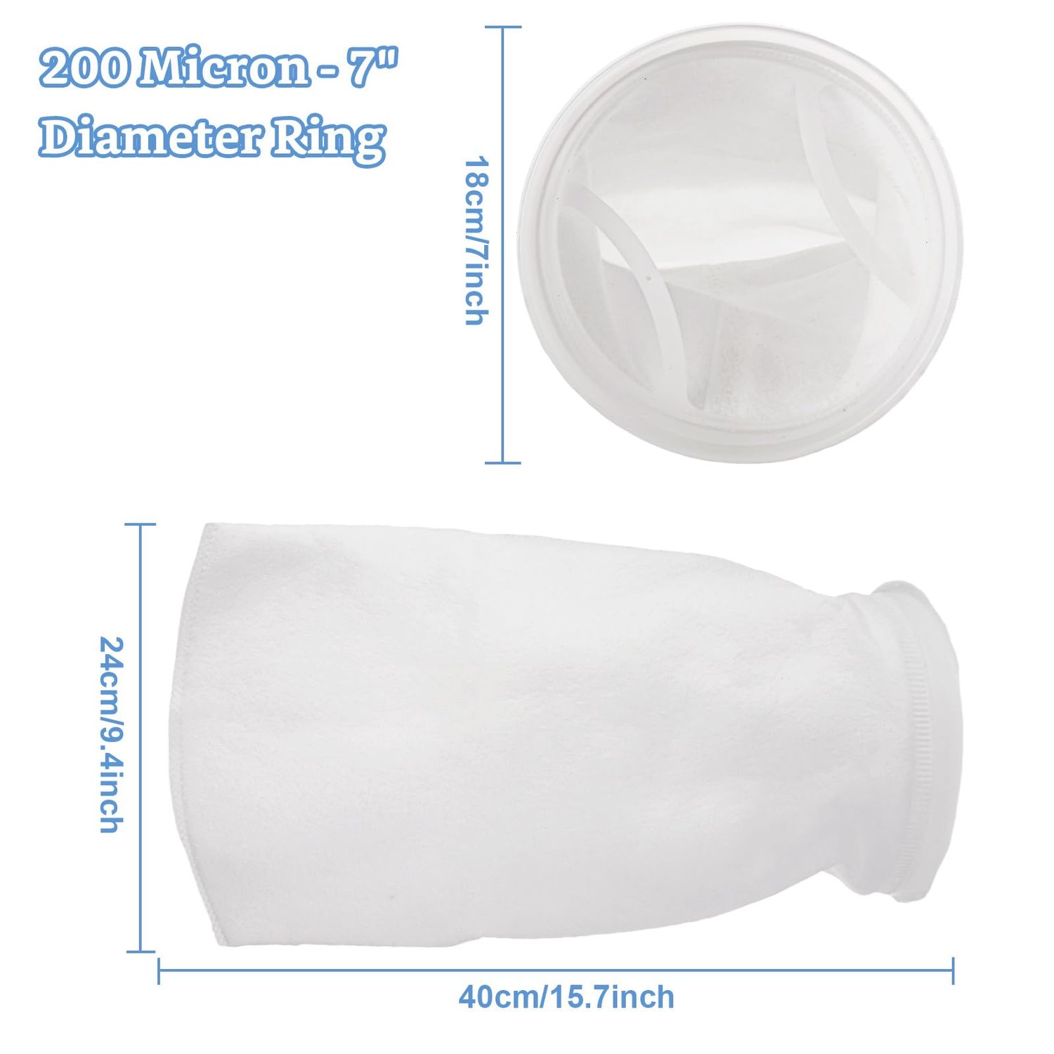 ZUQIAN 8 Pack 7" x 15.7" Filter Socks 7 Inch Ring by 15.7 Inch Long 200 Micron Filter Bag, Felt Filter Sock for Aquarium, Industry, Chemical, Water Liquid Filter Bags