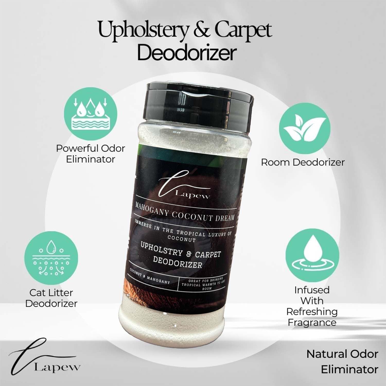 Lapew Mahogany Coconut Dream Carpet Freshener Powder: Powerful Odor Eliminator for Home, Upholstery Deodorizer, Carpet Deodorizer, Pet Urine, Cat Litter Box - Mahogany Coconut Dream Fragrance.
