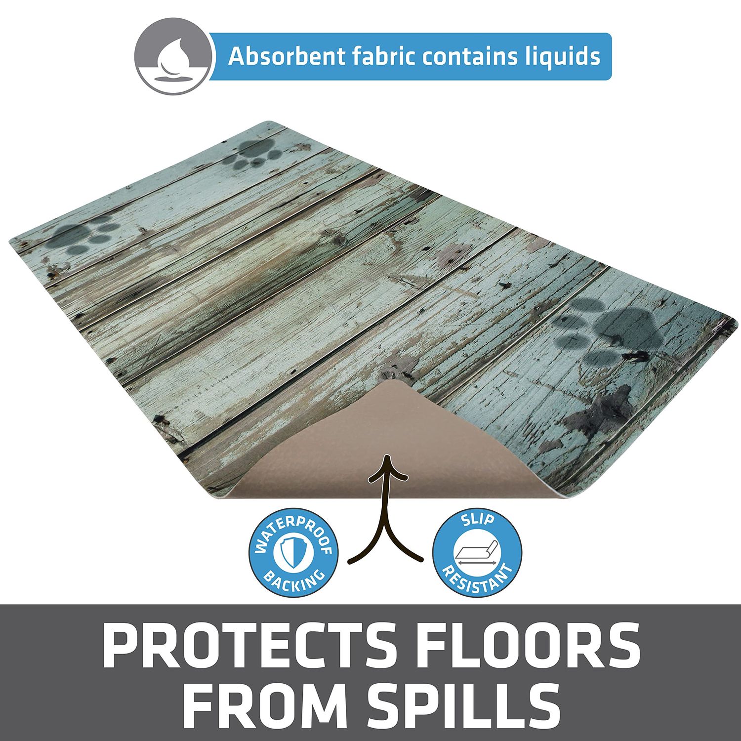 Drymate Pet Bowl Placemat, Dog & Cat Food Feeding Mat - Absorbent Fabric, Waterproof Backing, Slip-Resistant - Machine Washable/Durable (USA Made) (16” x 28”) (Distressed Wood Green)