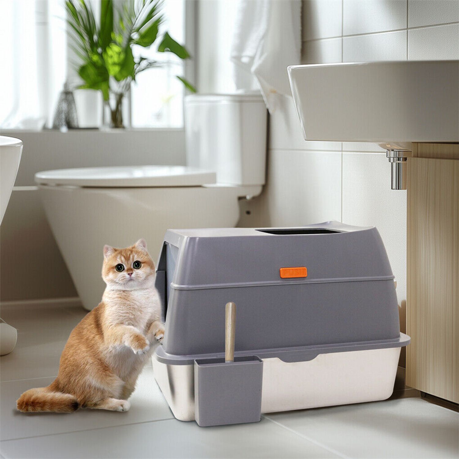 Large Enclosed Cat Litter Pan Easy Cleaning Stainless Steel Cat Toilet Box w Lid