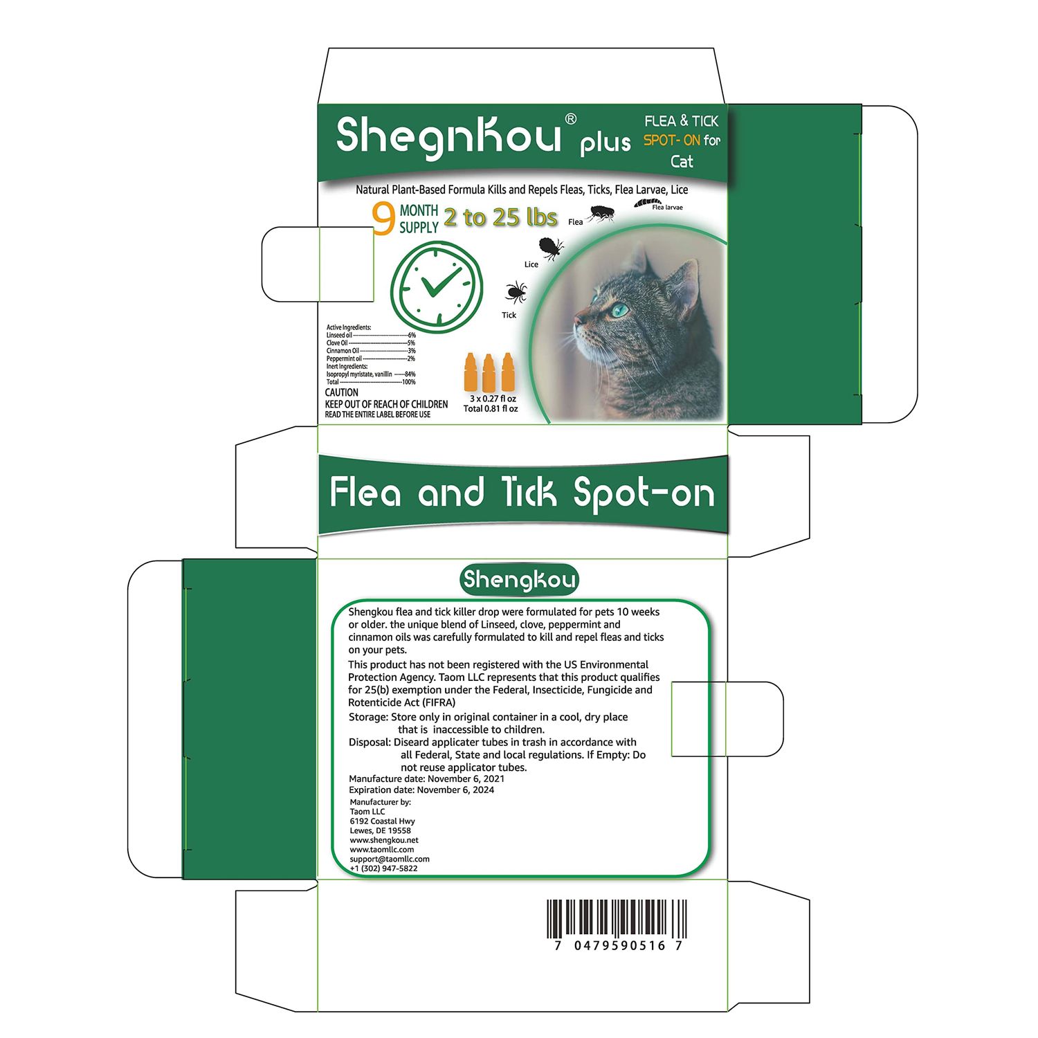 ShengKou Natural Flea Treatment for Cats (2-25 lbs) | 9-Month Supply with Comb, Tick Tool & Repellent Collar, Vet-Reviewed Formula