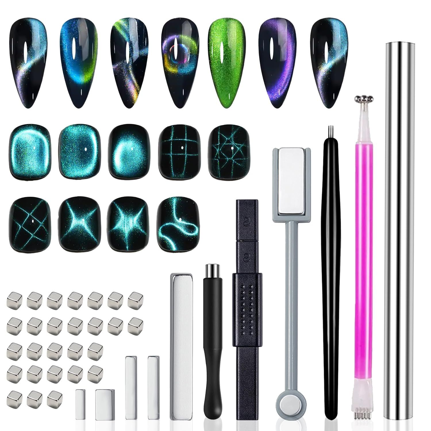 XEAOHESY 38 Pieces Cat Eye Magnet for Nails Cylindrical Strong Nail Magnet Tool Multi-Functional Nail Magnet Double Ended Magnet Wand Magnet Stick Cube Nail Magnet for Cat Eye Gel Nail Polish
