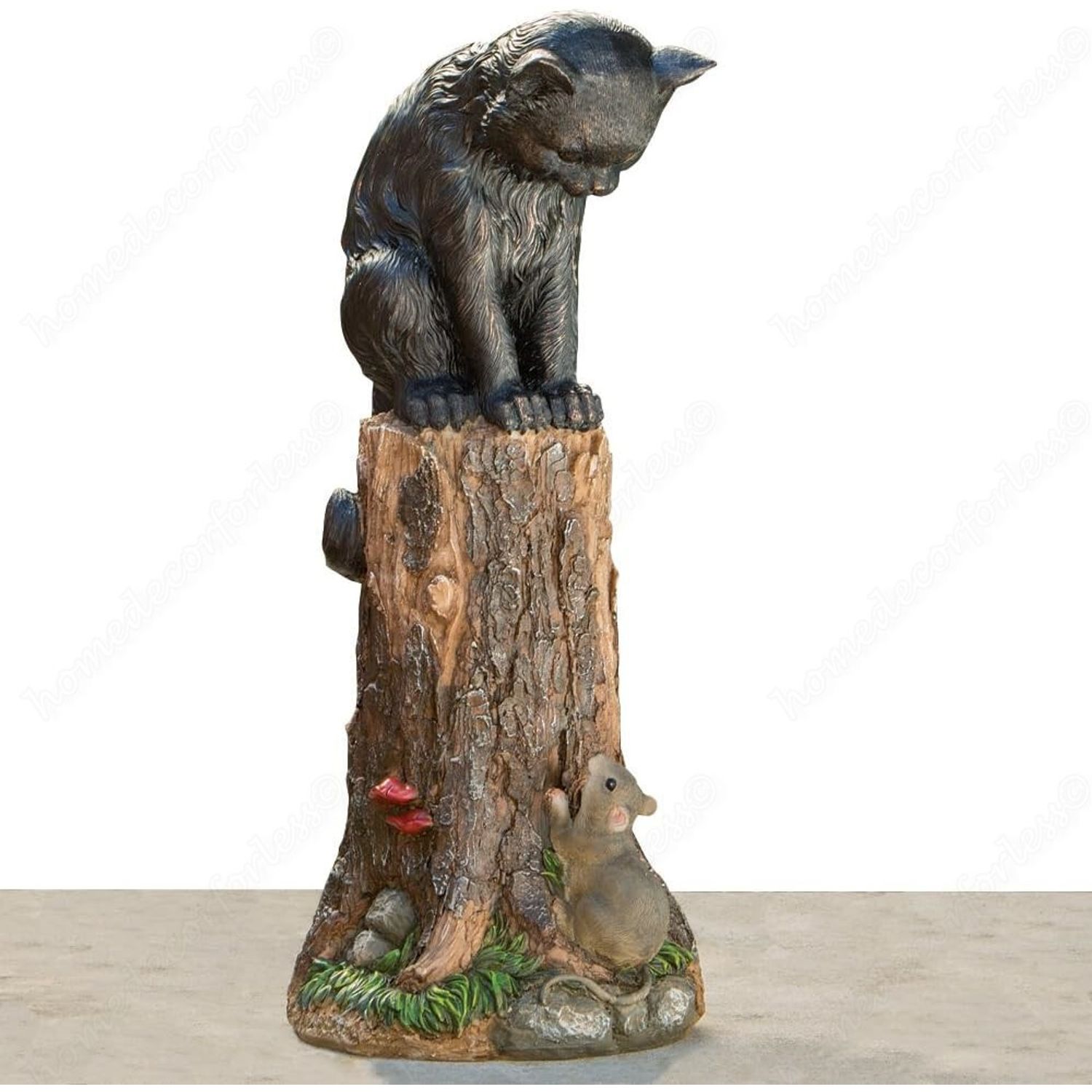 Realistic Cat Perched on Tree Stump w Inquisitive Mouse Garden Sculpture Statue