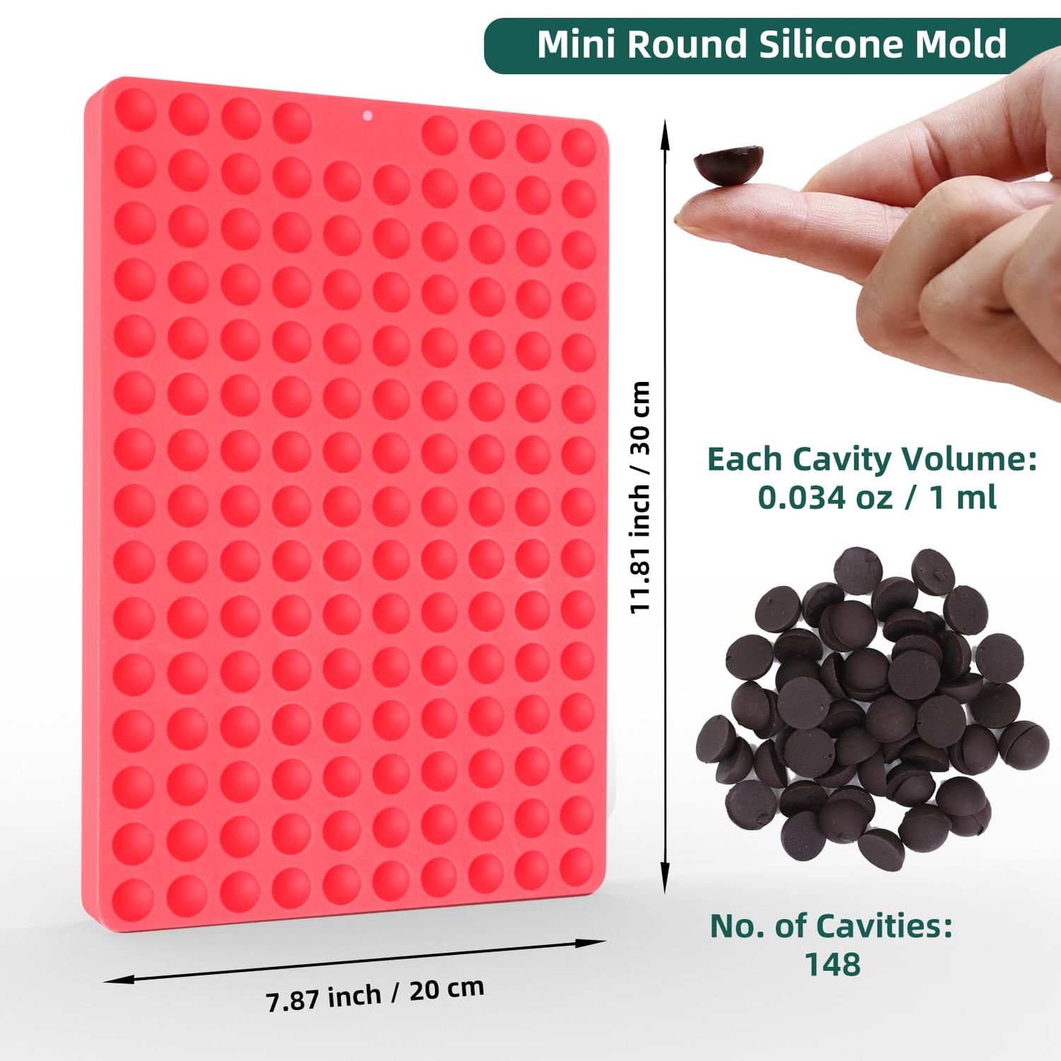 Amyandone Mini Round Silicone Molds, 148 Cavities Semi Sphere Chocolate Candy Mold for Baking and Freezing Chocolate Chip/Gumdrop/Cookie/Dog Treat/Cake Decor/Fruit Snack (with a Scraper)