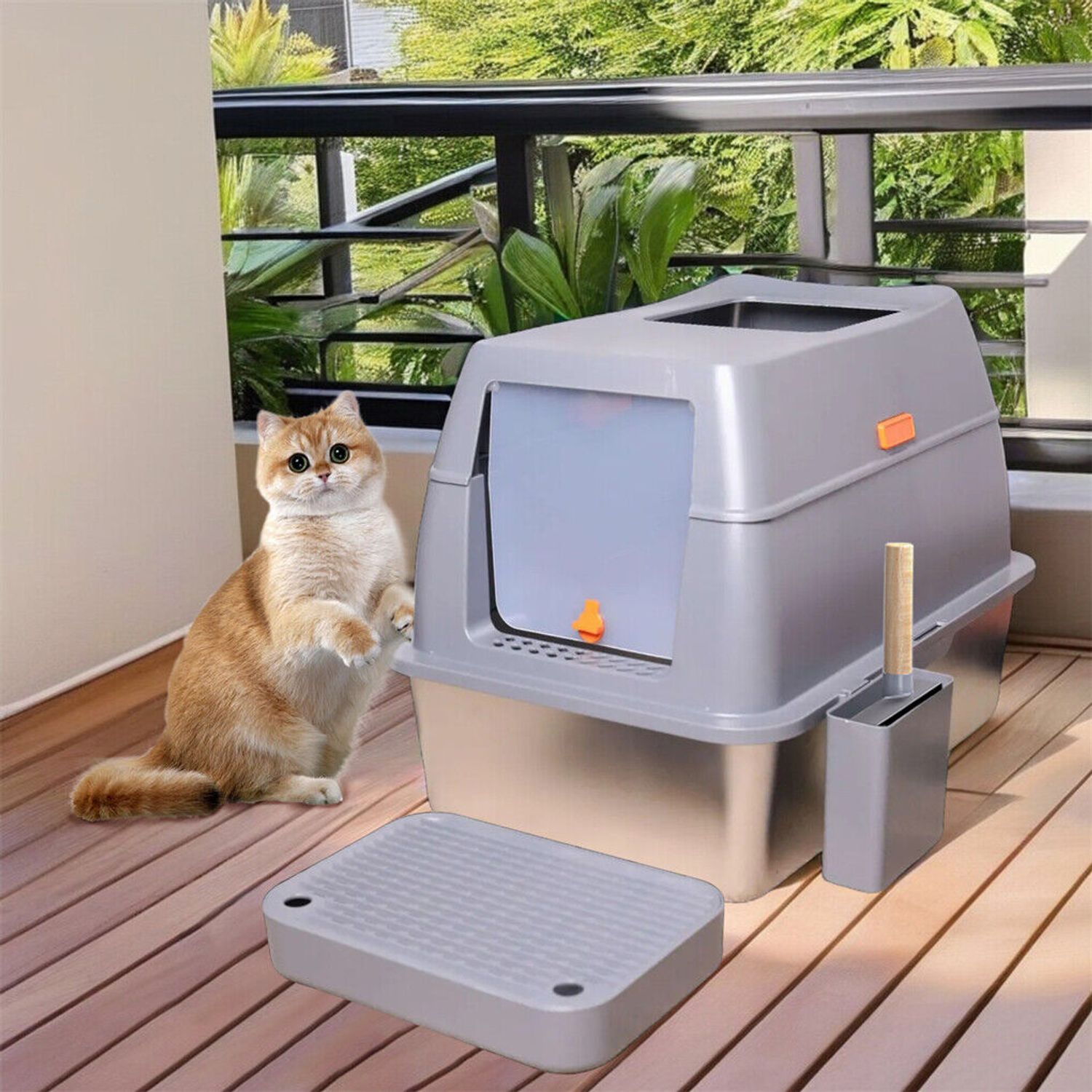Large Stainless Steel Cat Litter Box Enclosed Cat Litter Tray w Sand Filter Peda