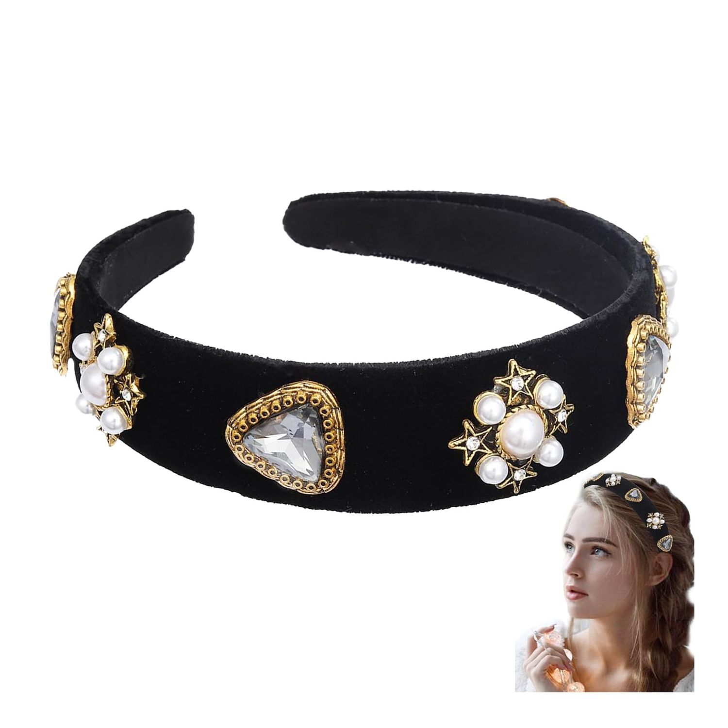 YAFIYGI 1 Pack Black Jeweled Headband Velvet Baroque Chunky Classy Headbands with Pearl Rhinestone Designer Embellished with Pearl Jewel Stylish Beaded Headwrap for Women Dressy Hair Accessories
