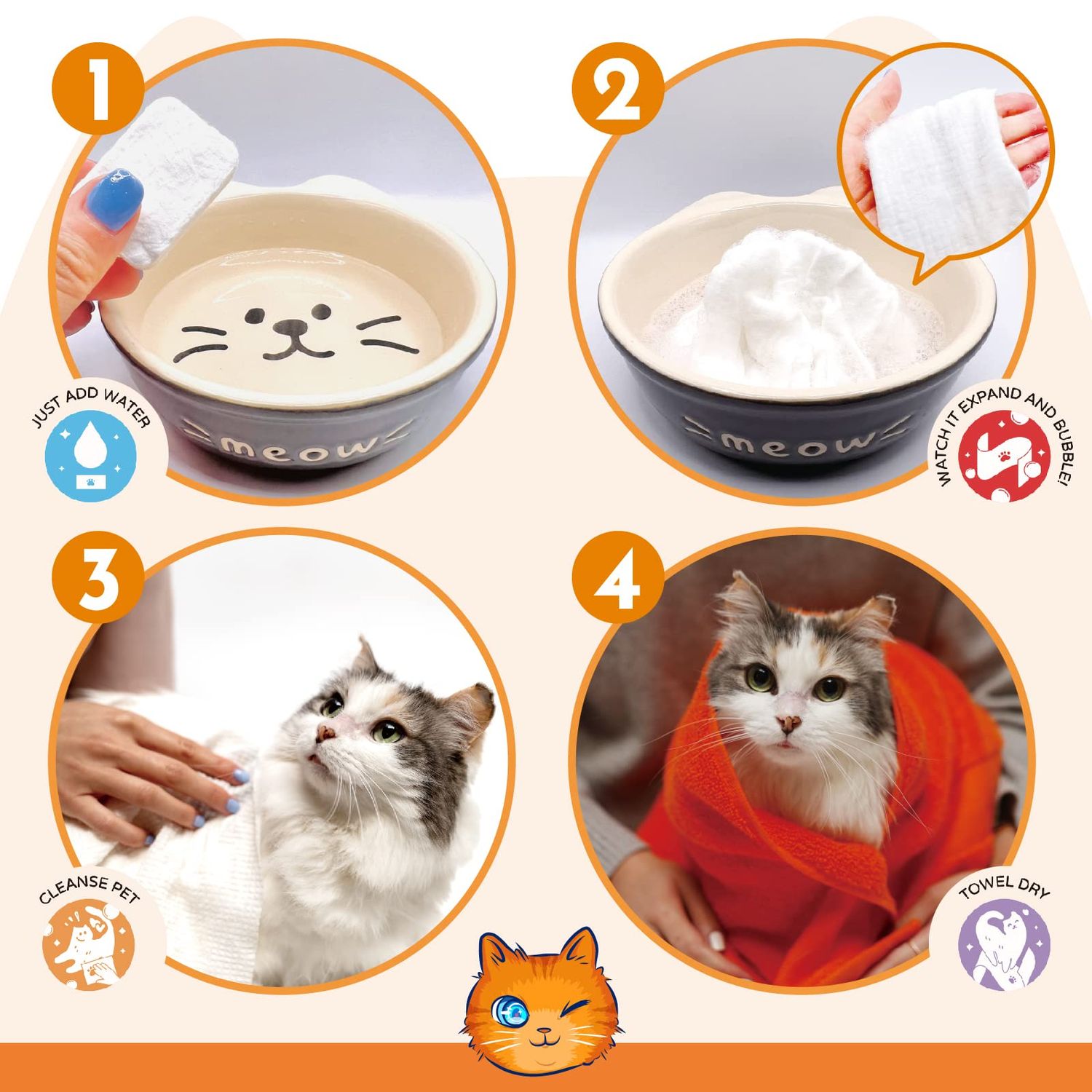 Mr. Tom's Magic Towel - Pet Wipes for Cats - Rinse-Free Compressed Shampoo Towel for Cats and Dogs - Non-Toxic, Re-usable, pH-Balanced, Omega 3 Fish Oil Cat Shampoo - 10 Towel Pieces