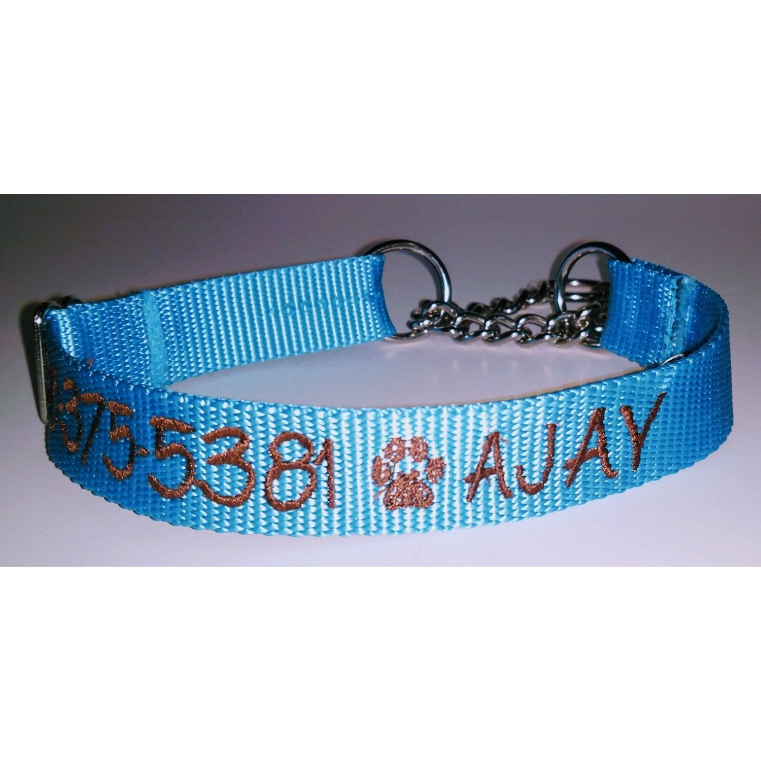 PERSONALIZED Embroidered Chain Martingale Dog Collar Pet ID Tag Name and Phone!