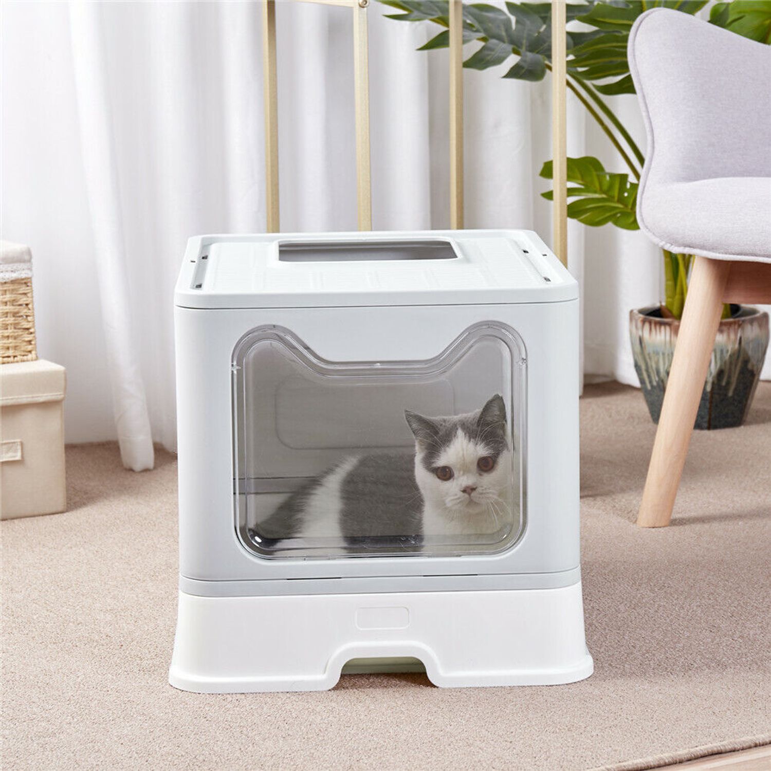 Large Cat Litter Box Top &Front Entry Automatic Pet Toilet House Kitty Scoop Pan