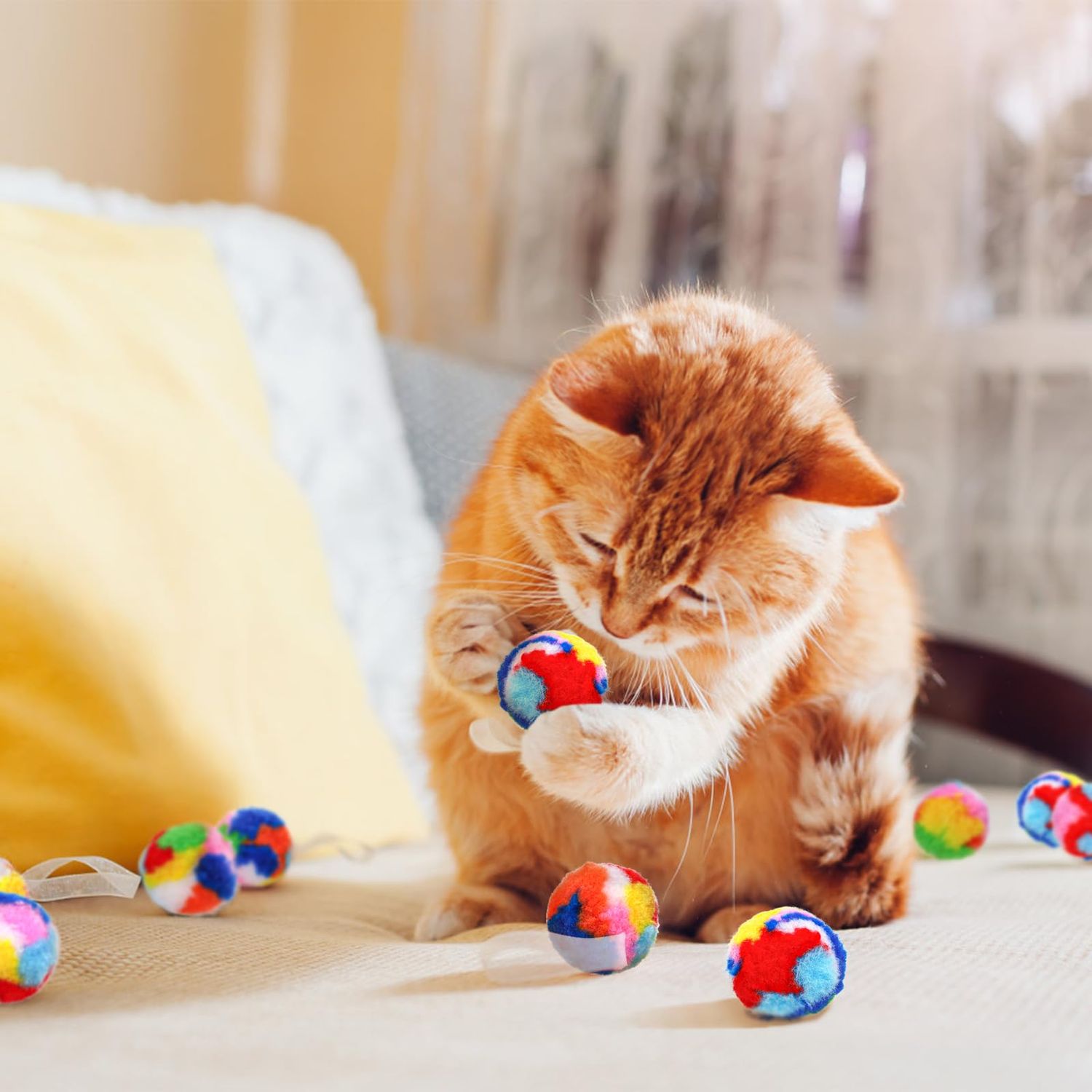 Nicunom 60 PCS Soft Pom Pom Balls for Kittens, 1.7" Catnip Furry Cat Toys Ball Bulk, Quiet Cats Pom Pom Toy Balls Cat's Favorite Chase Ball for Kitten Interactive Playing and Training