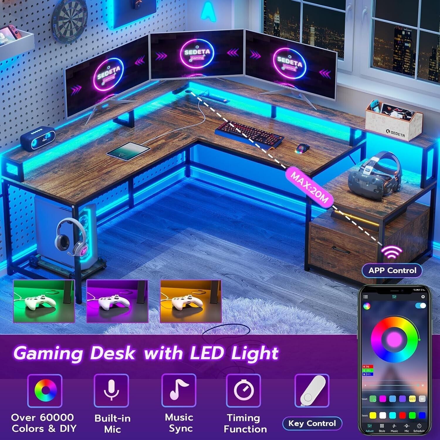 L Shaped Computer Desk with Led Light, 66" Home Office Desk with Power Outlet