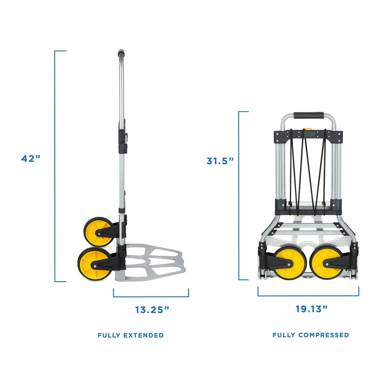 Mount-It! Folding Hand Truck and Dolly, 264 Lb Capacity Heavy-Duty Luggage Trolley Cart With Telescoping Handle and Rubber Wheels, Silver, Black, Yellow,