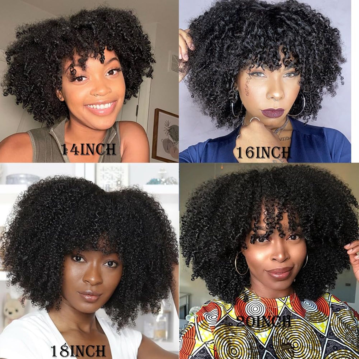 Young beauty Afro Kinky Curly Wig with bangs Glueless Scalp Top Full Machine Made Human Hair Wigs for Black Women 200Density Kinky Curly Brazilian Human Hair Wig 16inch Natural Color