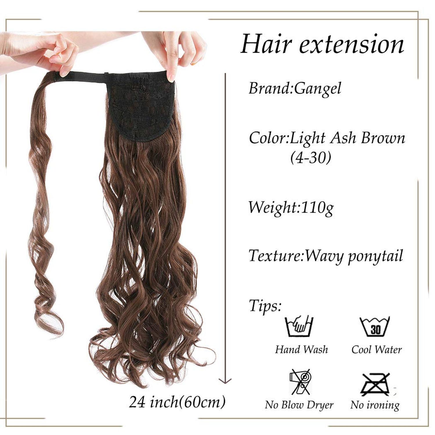 Gangel Ponytail Extension Curly Wavy Pony Tails Wrap Around Hairpiece Claw Synbthetic Clip in Hair Extensions Magic Paste Hair Wraps Hair Pony Tail for Women and girls(Pack of 1)Light Ash Brown(4-30)