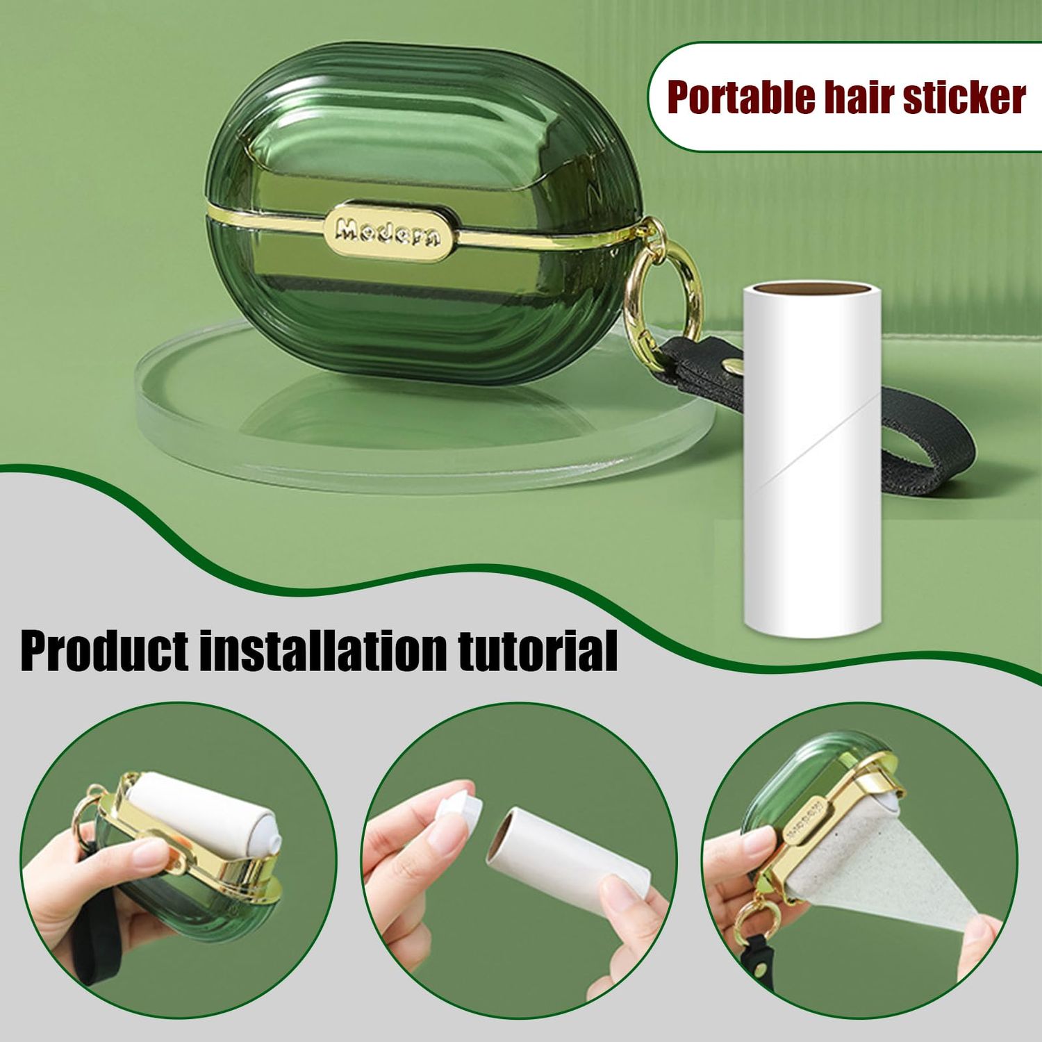 Portable Lint Rollers with 5 Extra Sticky Refills & Hand Strap, Travel Lint Roller Mini, Double-Sided Pet Dog Cat Hair Remover, Small Pocket Reusable Lint Brush Tool for Clothes Purse (Green)