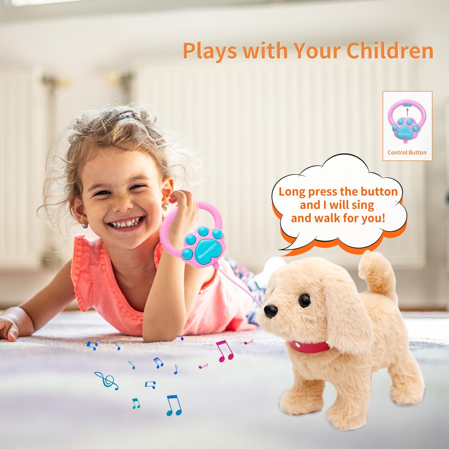 Monealpis Interactive Walking Dog Toy - Toddler Walking Plush Dog Toys for Kids, Toys for Girls 2 Years Old - Electronic Golden Retriever Plush Toy with Singing, Barking, and Tail Wagging
