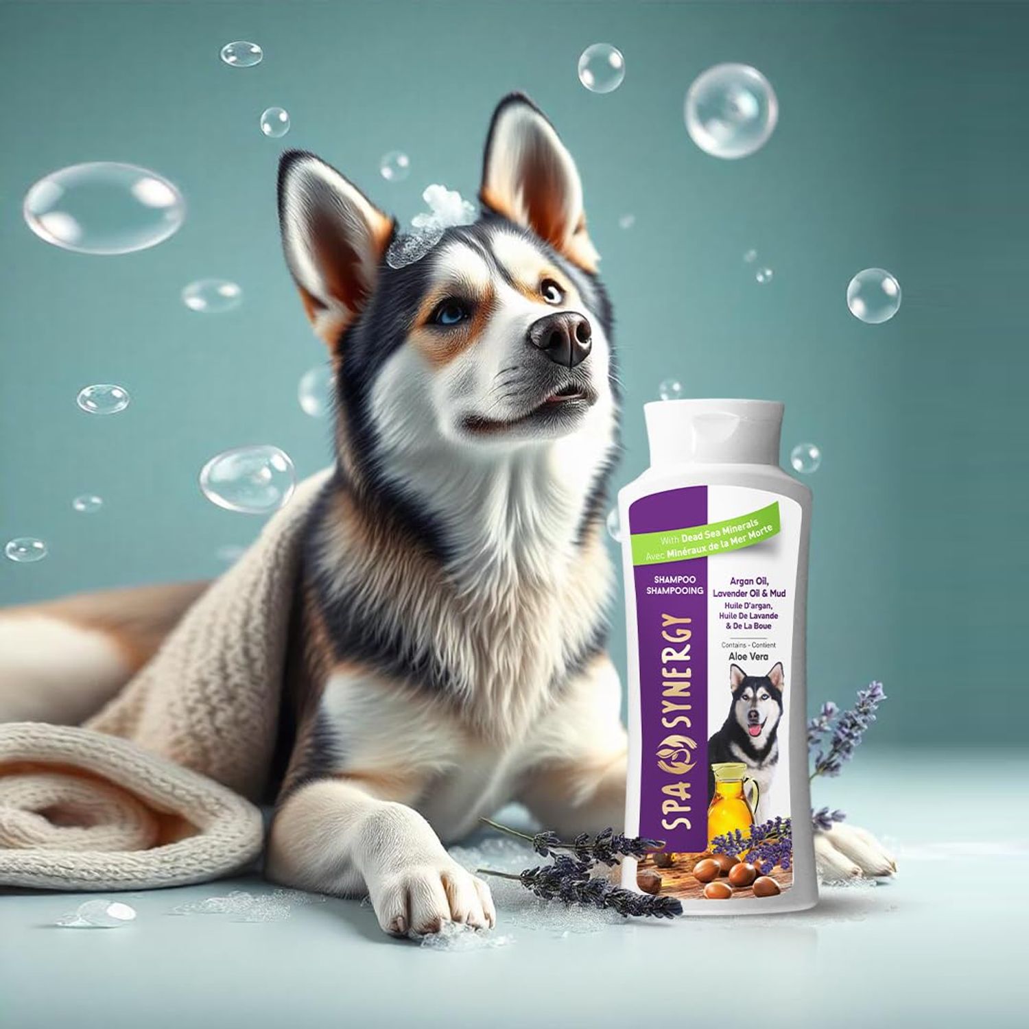 Spa Synergy Pet Dog Shampoo Mud and Natural Dead Sea Mineral Rich, Aloe Vera & Vitamin-E, Anti Dandruff, Relief Psoriasis & Eczema, Moisturizing - Argan Oil & Lavender Oil - (1) Bottle 16.5 FL OZ