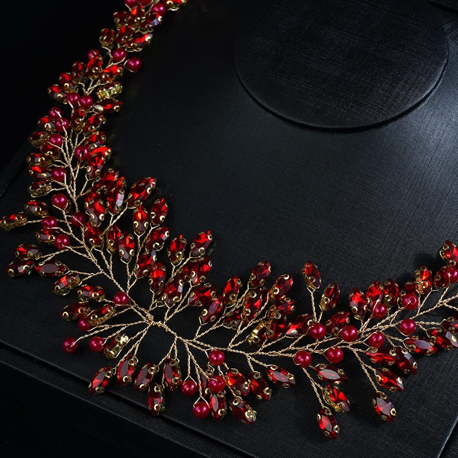 JWICOS Crystal Bridal Headpiece Wedding Headband for Brides Pearl Hair Vine Rhinestone Hair Accessories for Women (Red)