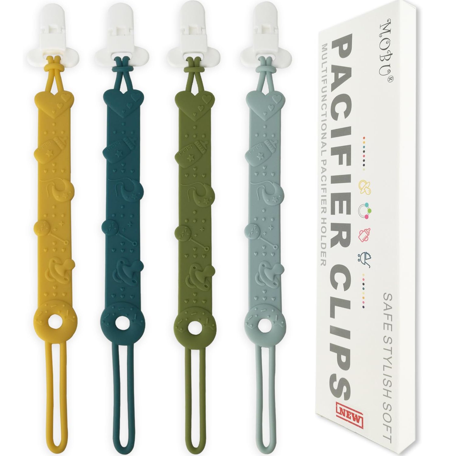 Pacifier Clip MOBU 4 Pack Silicone Pacifier Clips Holder for Baby Boy Girl Newborn Essentials One Piece Design Universal Pacifier Holder Birthday,Shower Gift (4 Colors_Ⅰ)