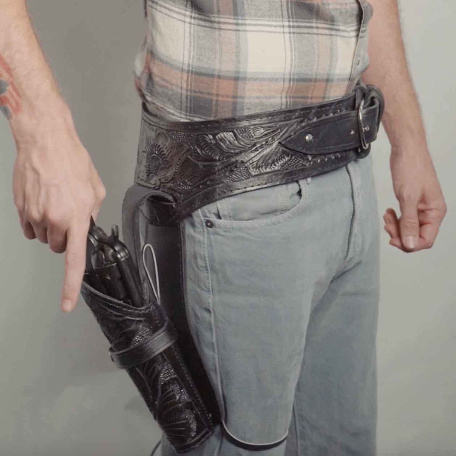 38/357 Caliber Leather Gun Holster - Authentic Handmade Waist Size 48 - Black