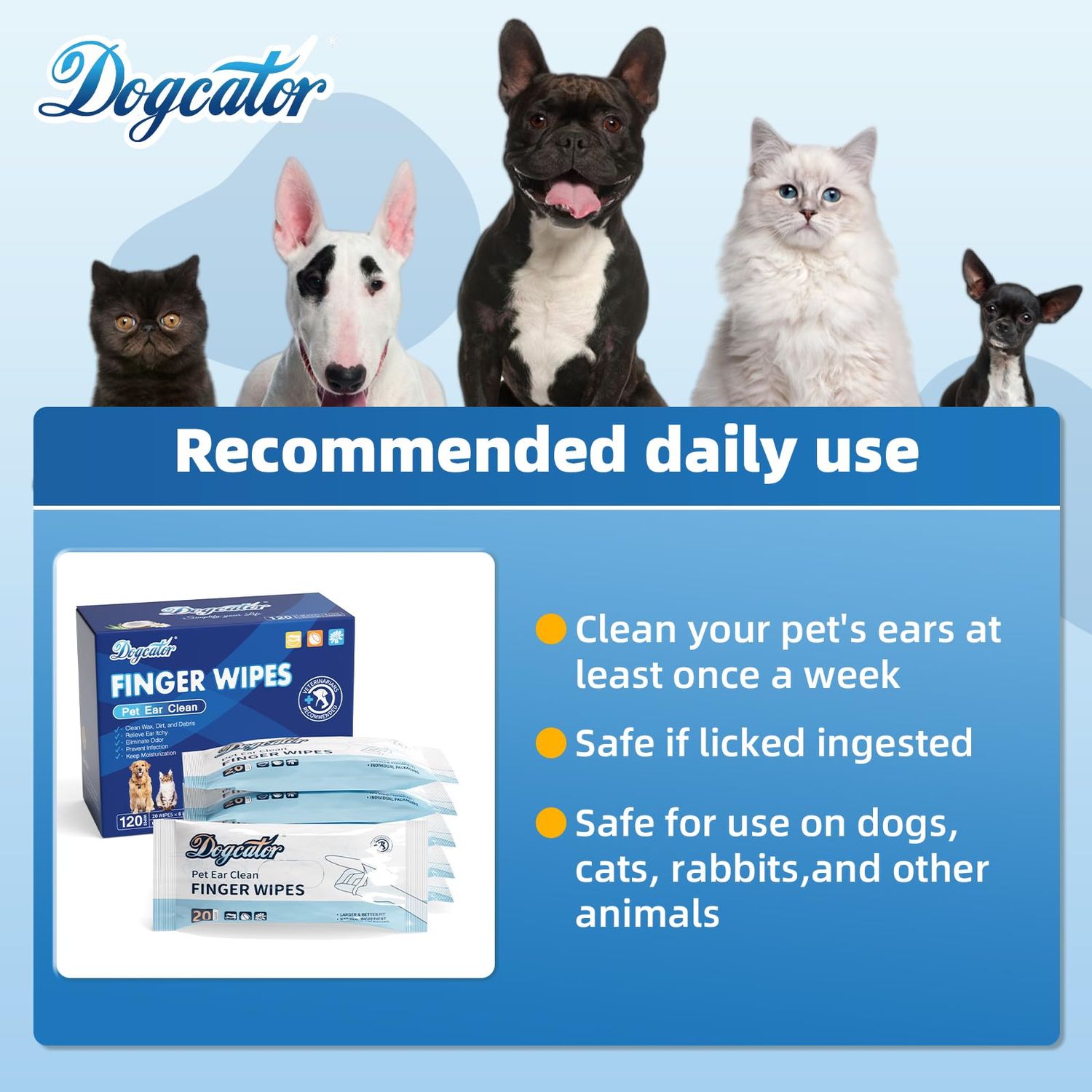 Dogcator Dog Finger Wipes, 120 Count Dog Ear Cleaner Bathing Wipes for Cats, Pet Cleaning Wipes for Natural Puppy Wipes | Soothes Itchy Dry Skin, Fresh Coconut Scent Dog Ear Infection Treatment