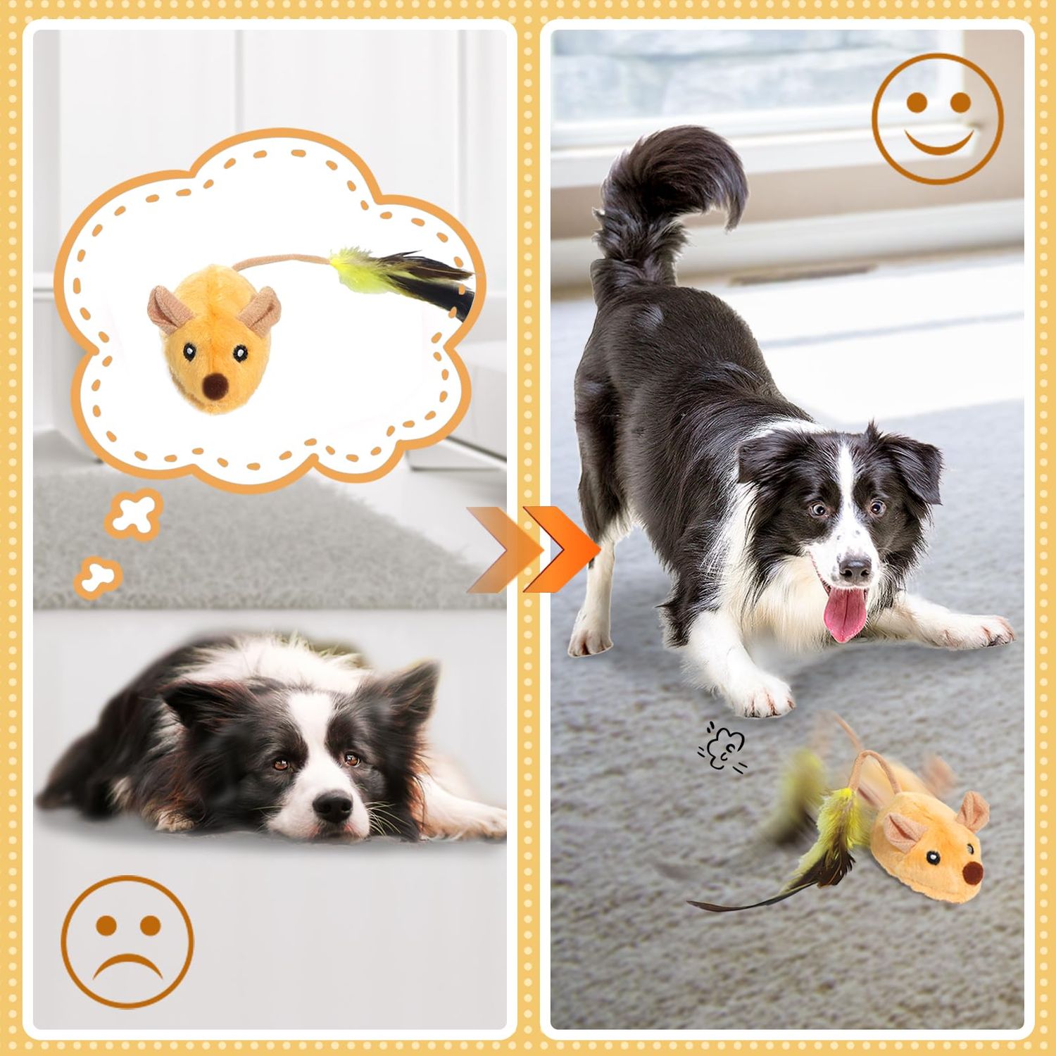 Interactive Dog Toys Mouse - with LED Lights, Moving Automatic Chirping Mouse Toy Squeaky with Feather Tail, for All Breeds Dog Indoor/Outdoor Boredom Exercise, USB Rechargeable (【2Pack】 Yellow×Grey)
