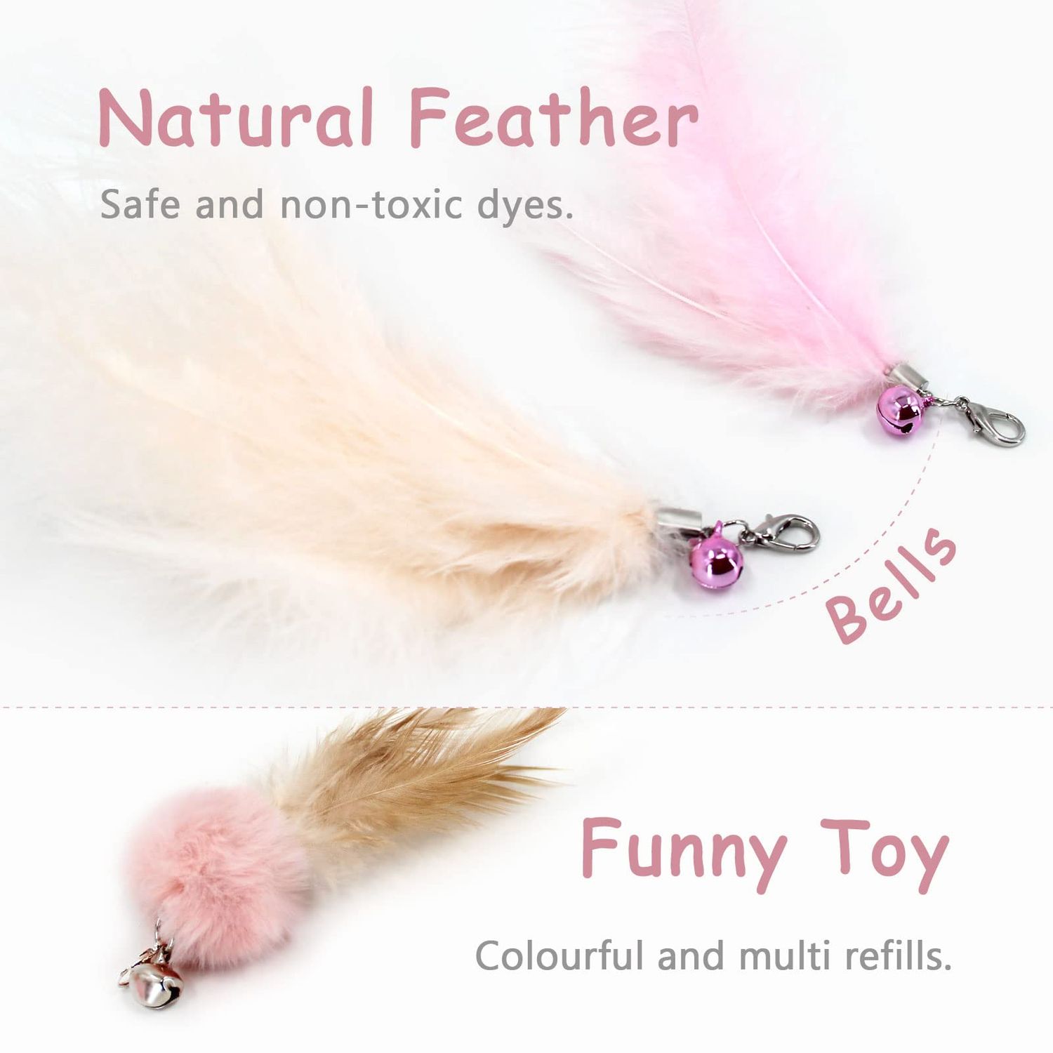 SONGWAY Cat Interactive Feather Toys - 7 PCS Cat Toys Set for Indoor Cats, Retractable Cat Wand Toy, Cat Feather Toys with Bell,Replaceable Cat Feather Tail Toy, Kitten Toy Gift, Pink