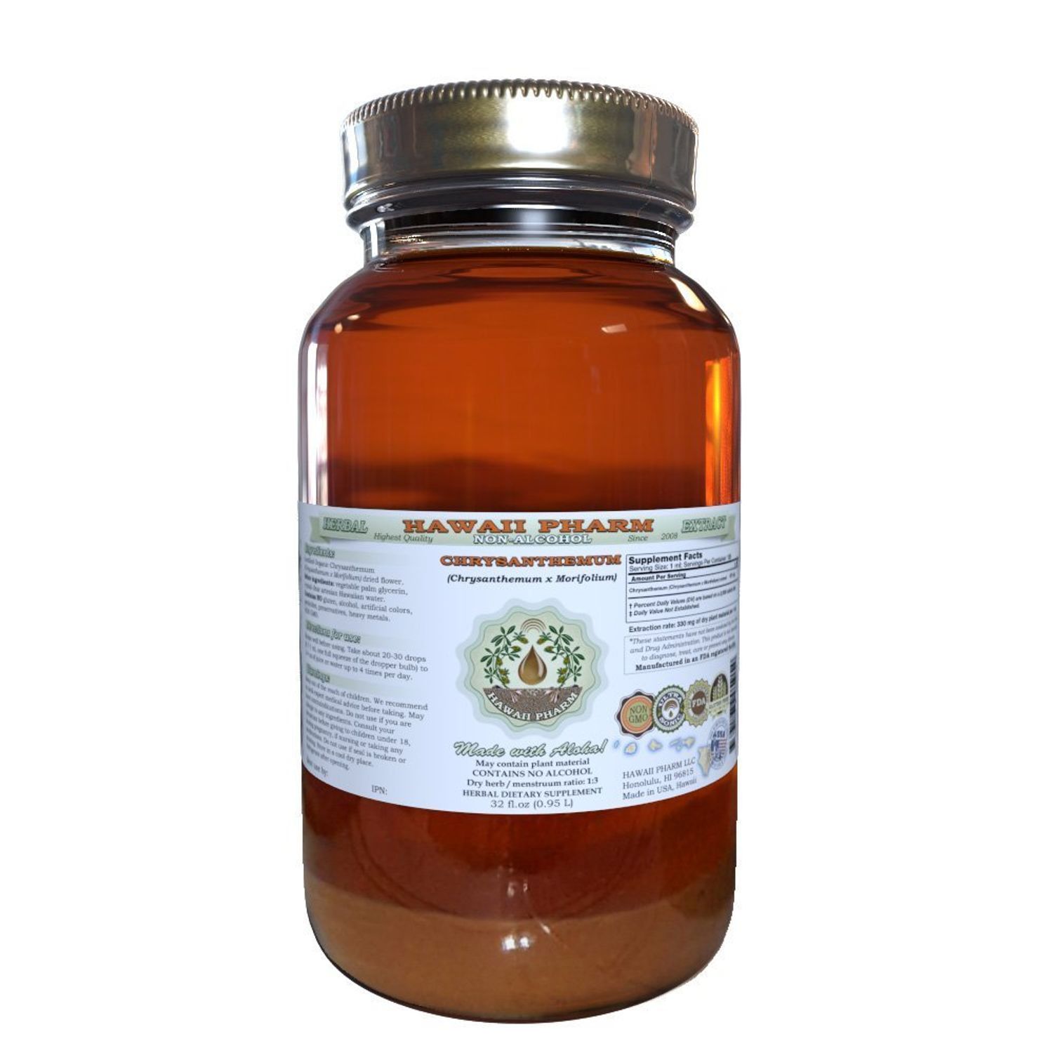 Hawaii Pharm Chrysanthemum Alcohol-Free Liquid Extract, Organic Chrysanthemum (Chrysanthemum x morifolium) Dried Flower Glycerite Natural Herbal Supplement 32 oz Unfiltered